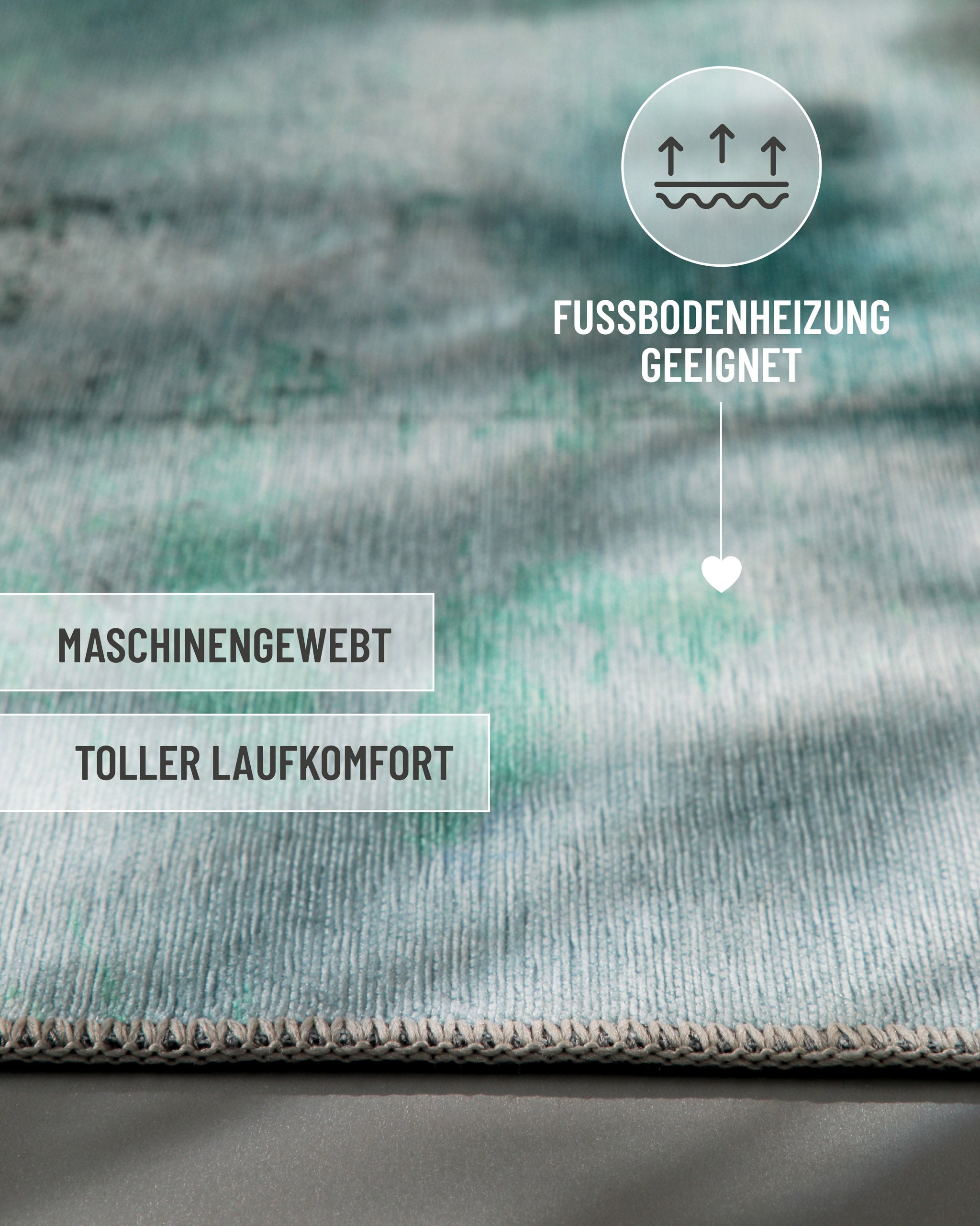 Esprit Flachwebteppich "Maui" Blau Multi, Nahaufnahme mit eingeblendeten Eigenschaften: fußbodenheizungsgeeignet, maschinengewebt, toller Laufkomfort