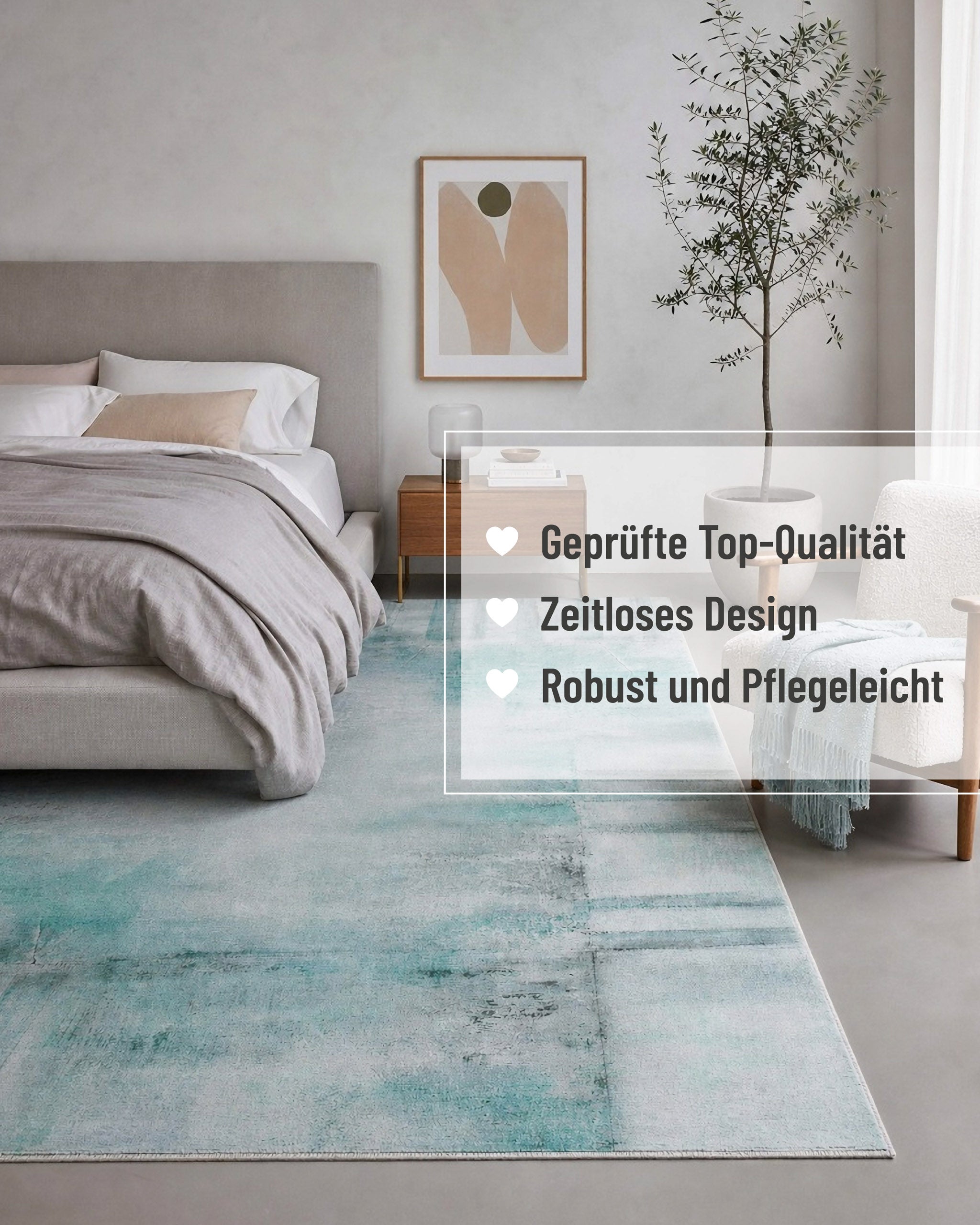 Esprit Flachwebteppich "Maui" Blau Multi im Wohnzimmer mit eingeblendeten Produktvorteilen: Top-Qualität, zeitloses Design, robust und pflegeleicht