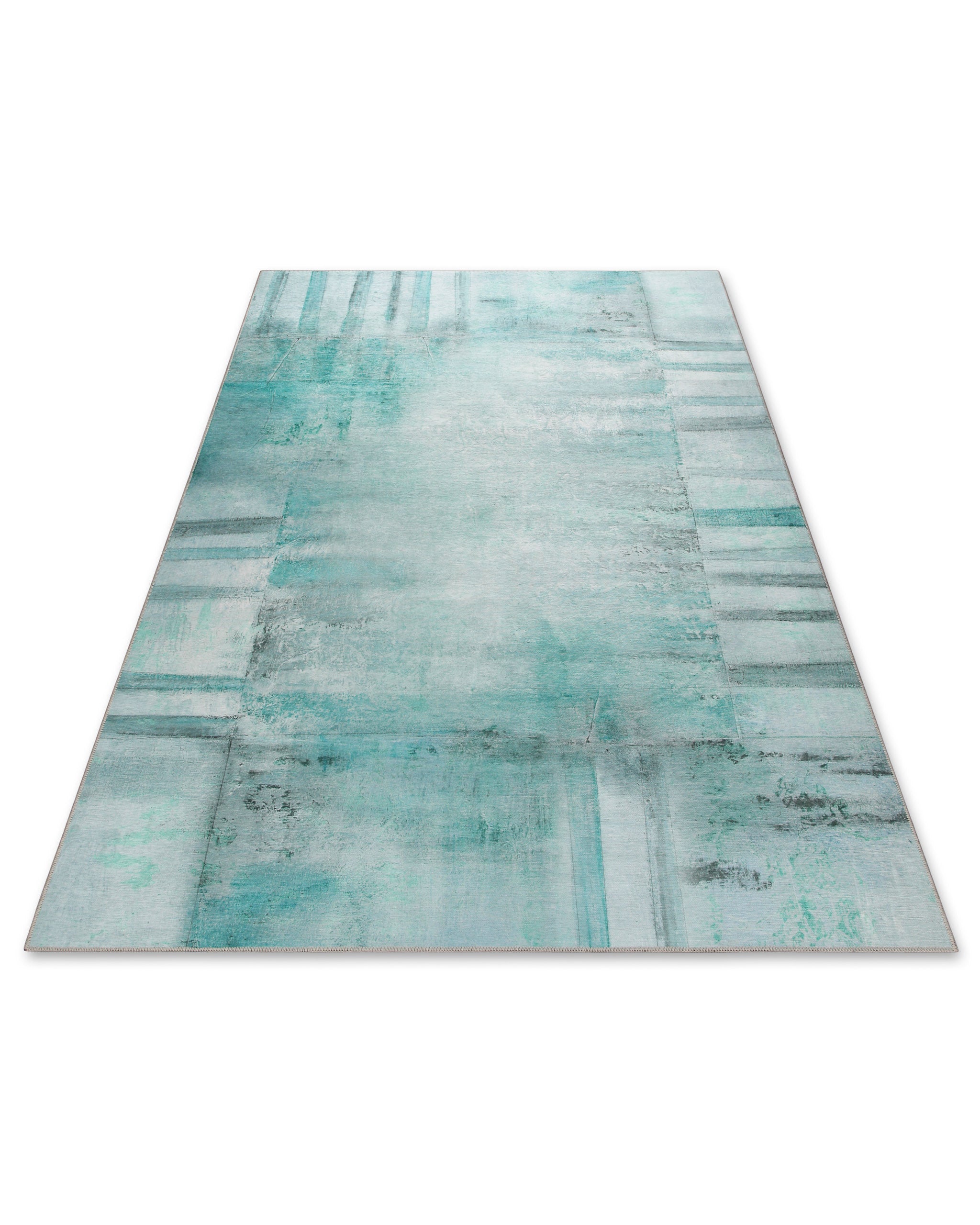 Esprit Flachwebteppich "Maui" Blau Multi in Schrägansicht, gesamte Teppichfläche sichtbar