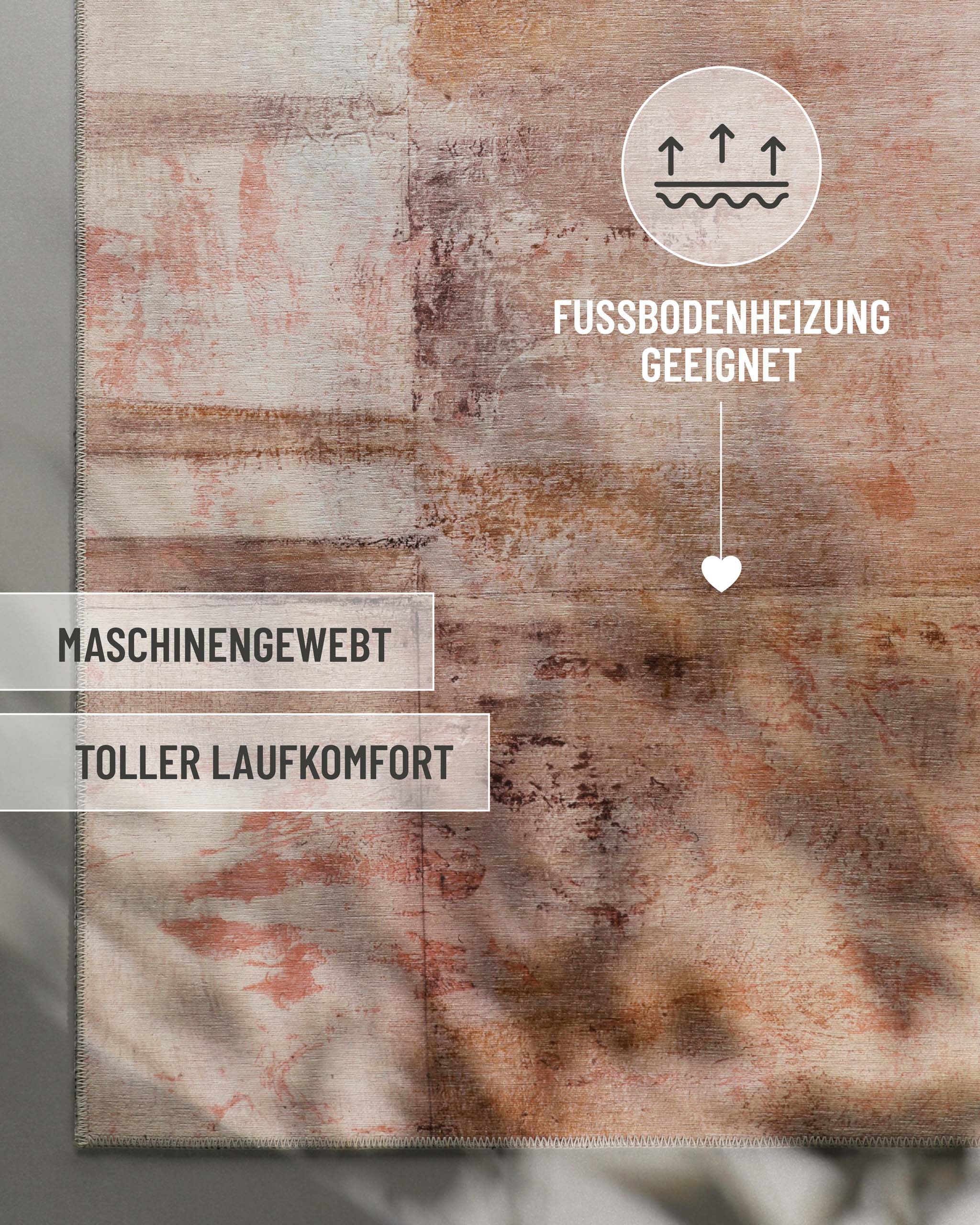 Esprit Flachwebteppich "Maui" Beige Rot, Musterdetail mit Produktmerkmalen zu Fußbodenheizung und Laufkomfort