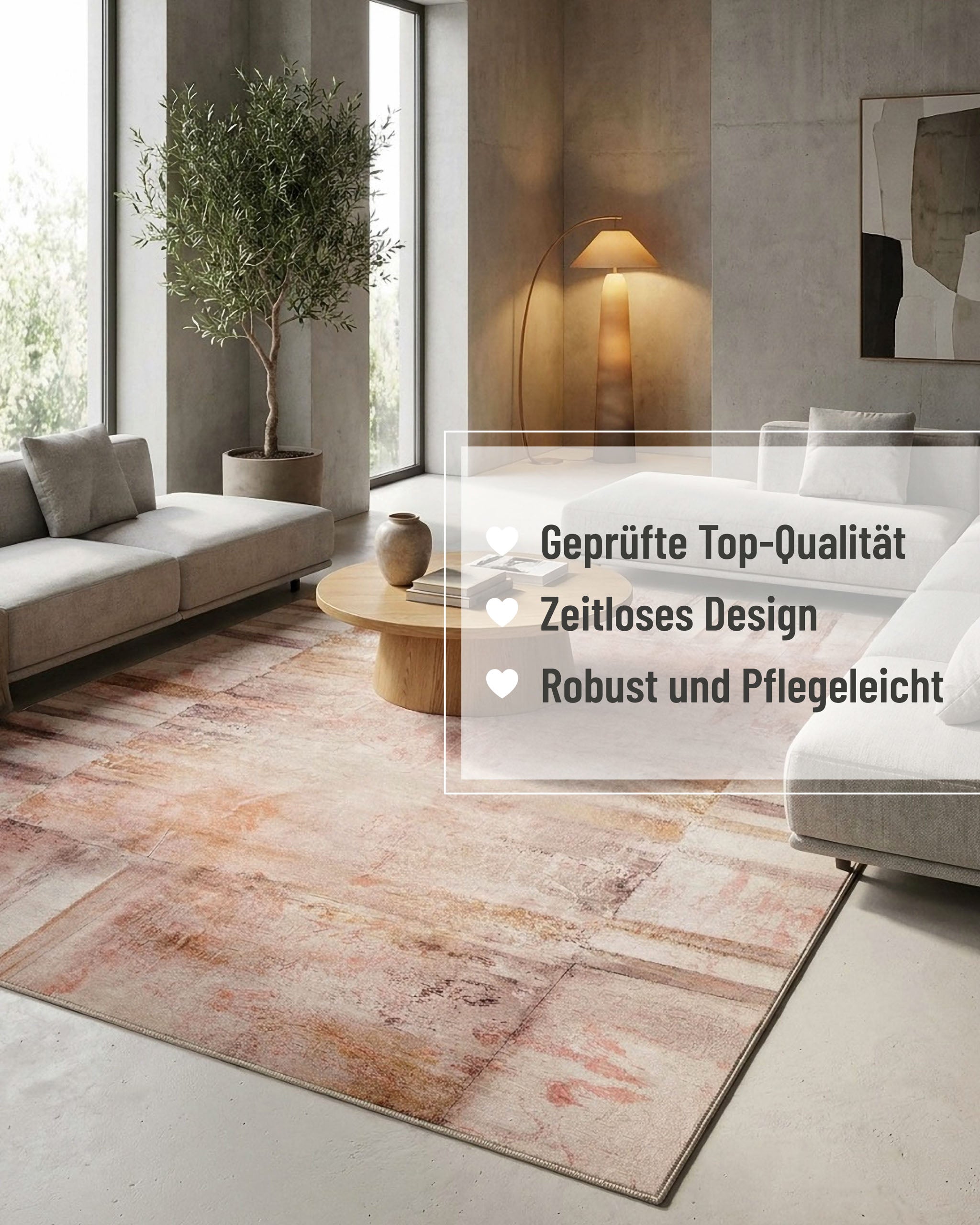 Esprit Flachwebteppich "Maui" Beige Rot, Raumansicht mit Qualitätsmerkmalen zu Design und Pflegeleichtigkeit