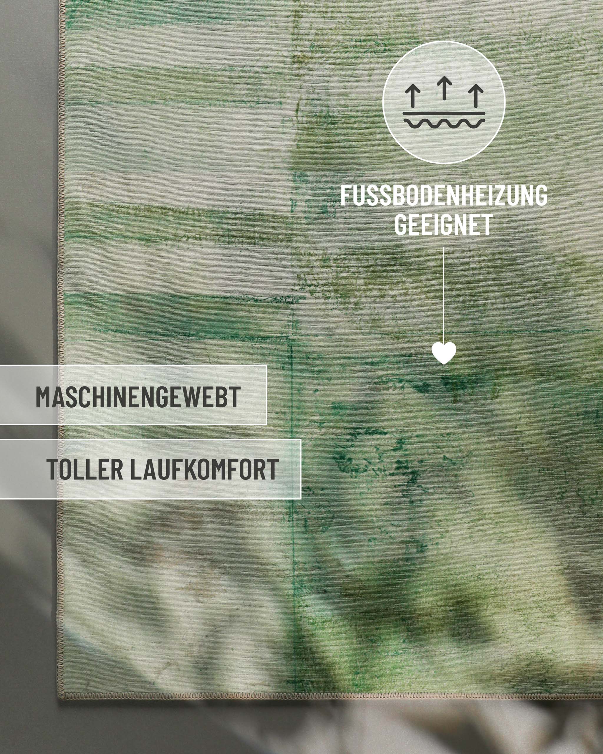 Esprit Flachwebteppich "Maui" Grün Multi, Detailbild mit Icons zu Fußbodenheizung, Machart und Laufkomfort