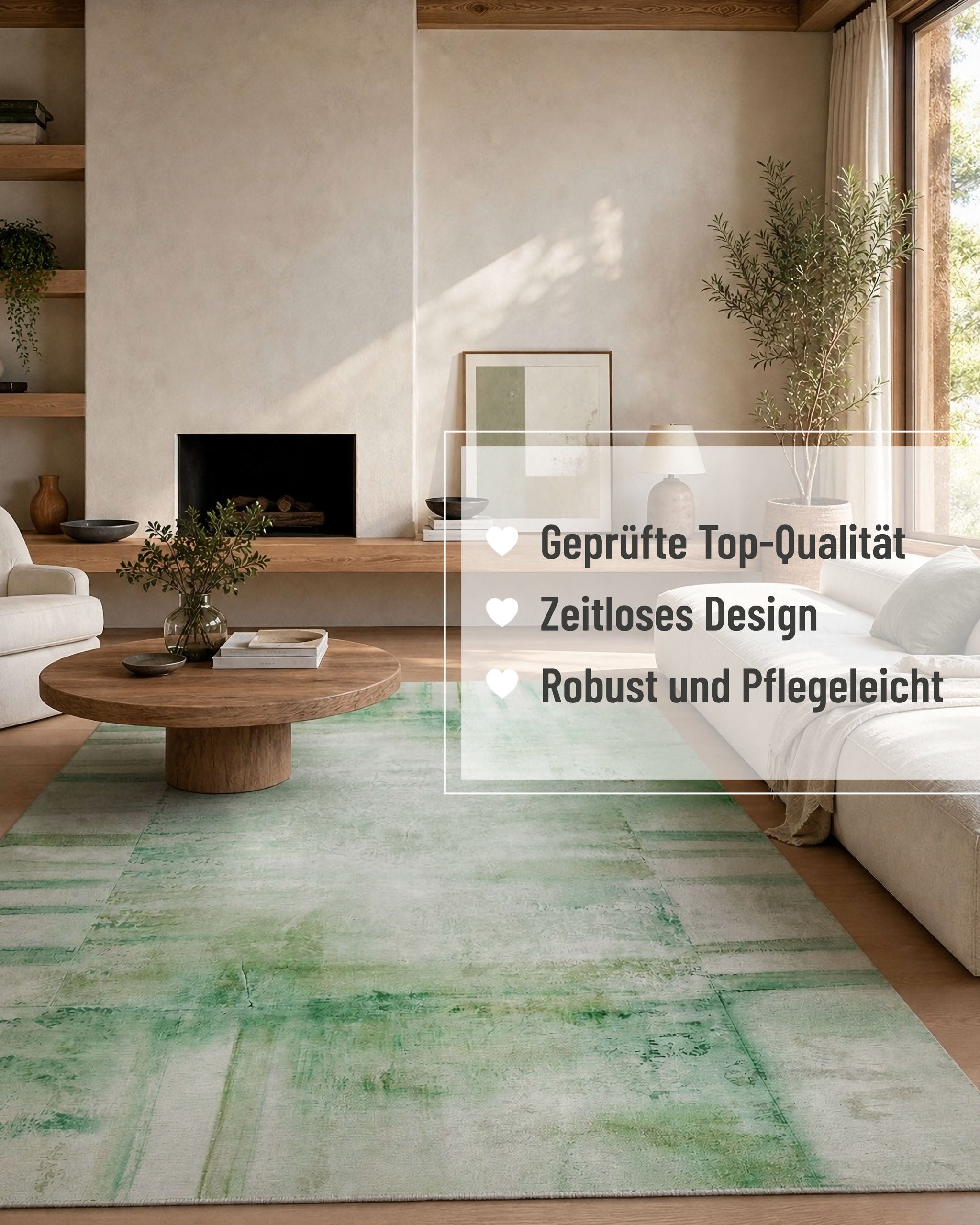 Esprit Flachwebteppich "Maui" Grün Multi im Raum mit Einblendung der zentralen Qualitätsmerkmale
