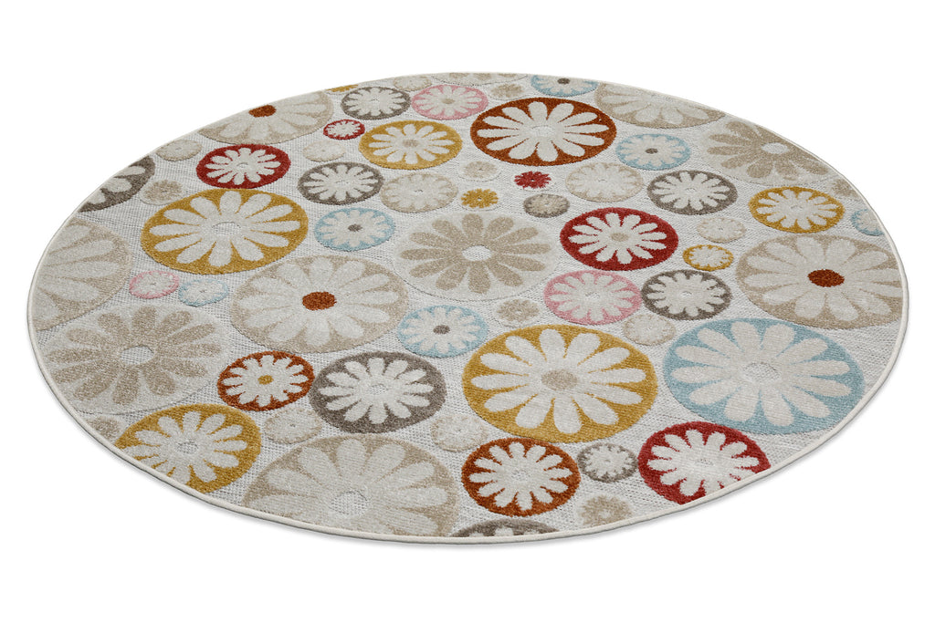 In & Outdoorteppich Rund Beige Bunt "Flowerdrops" WECONhome