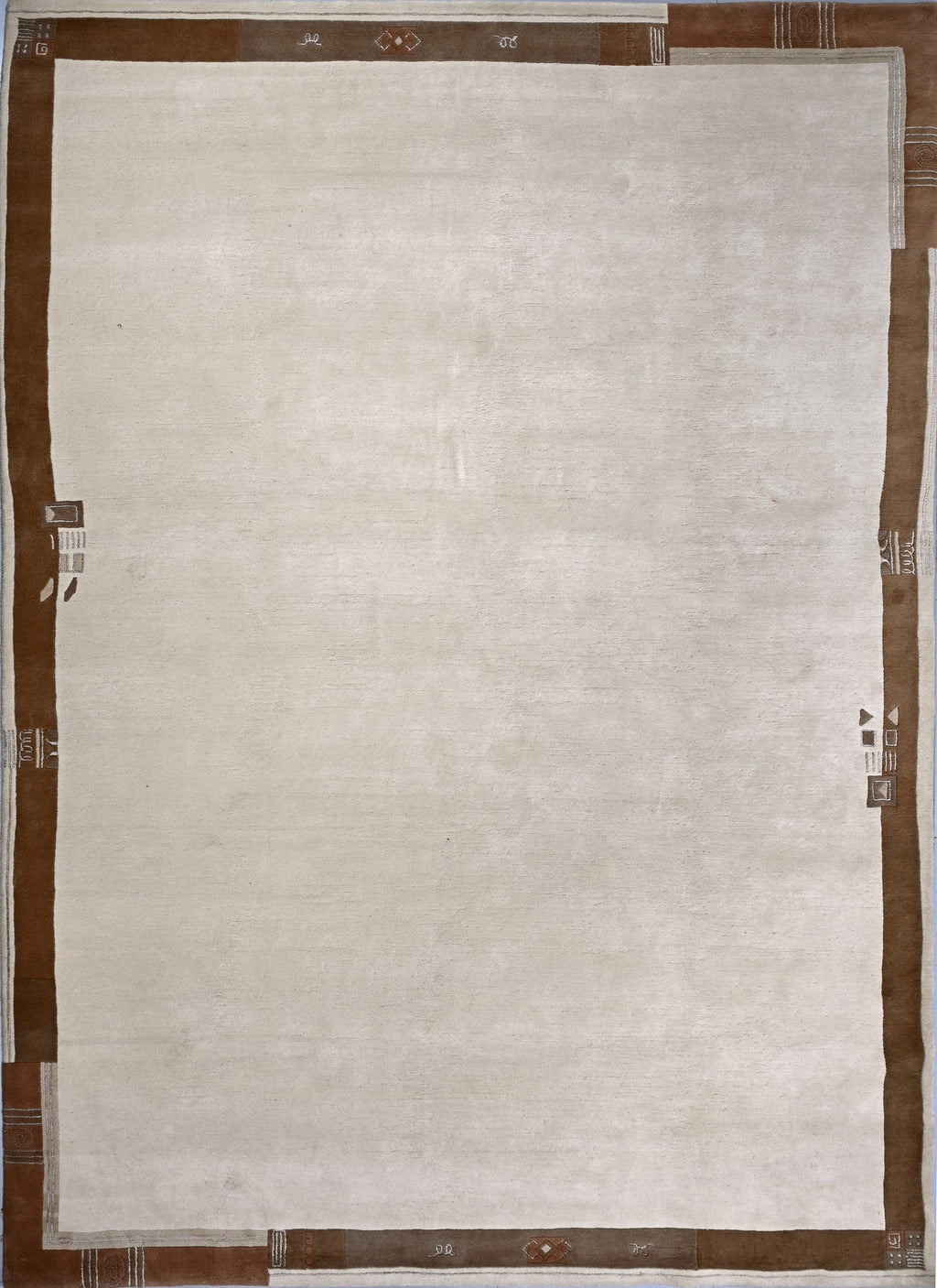 Handgeknüpfter Tibet Teppich in beige mit schmaler Retro Bordüre – Neuwertig