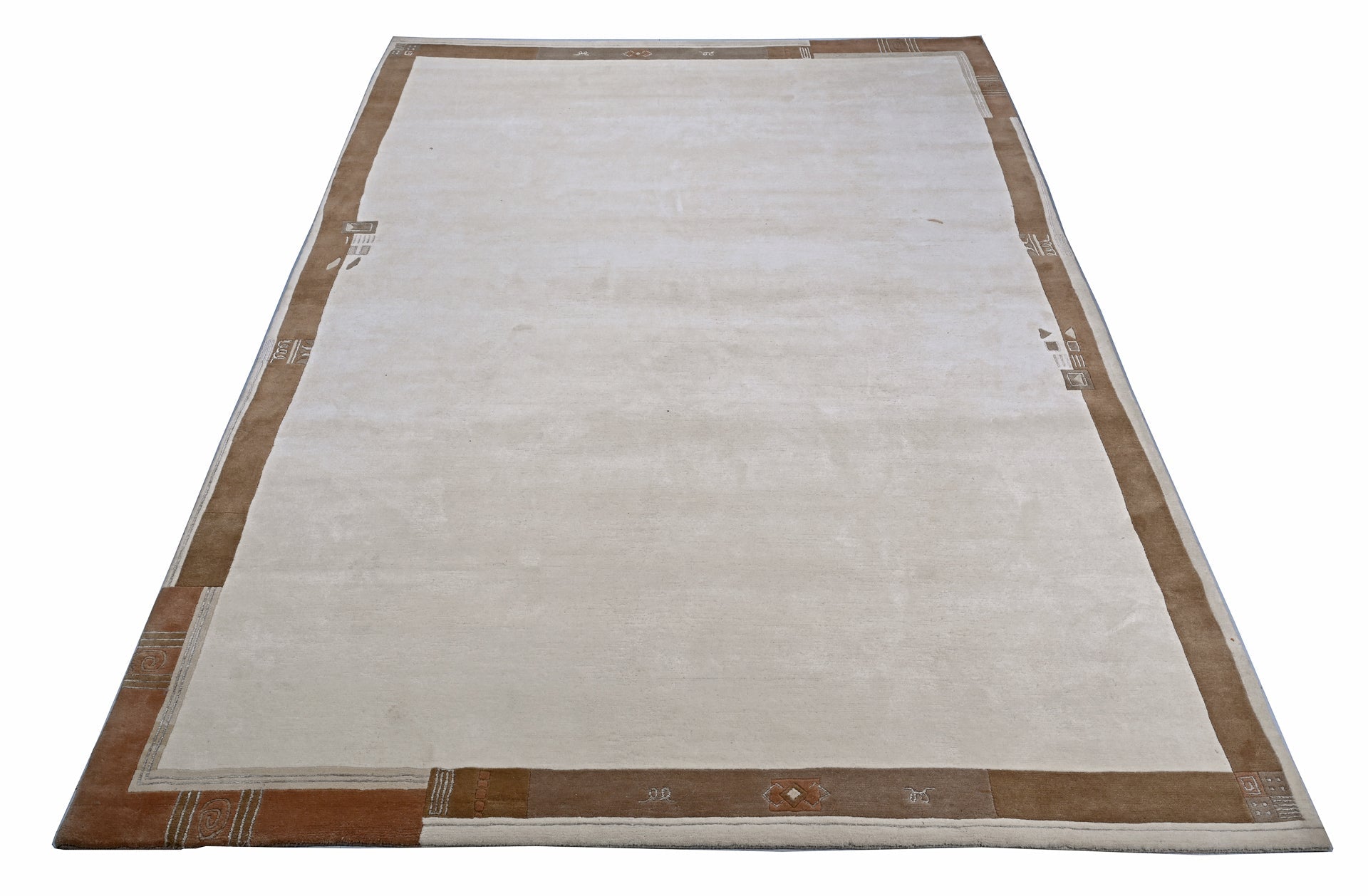 Handgeknüpfter Tibet Teppich in beige mit schmaler Retro Bordüre – Neuwertig