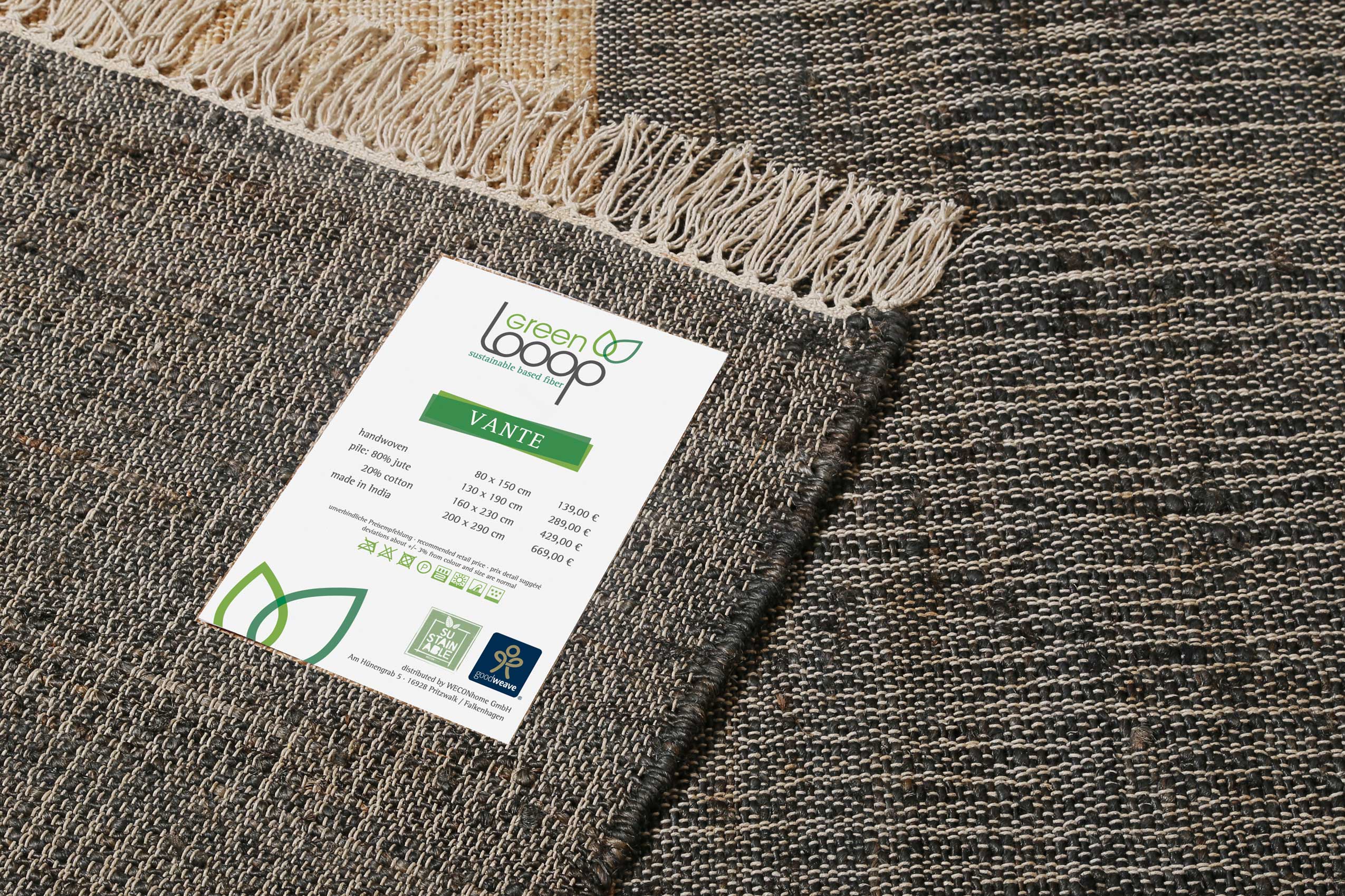 Handwebteppich Braun Grau aus Naturfaser "Vante" Green Looop