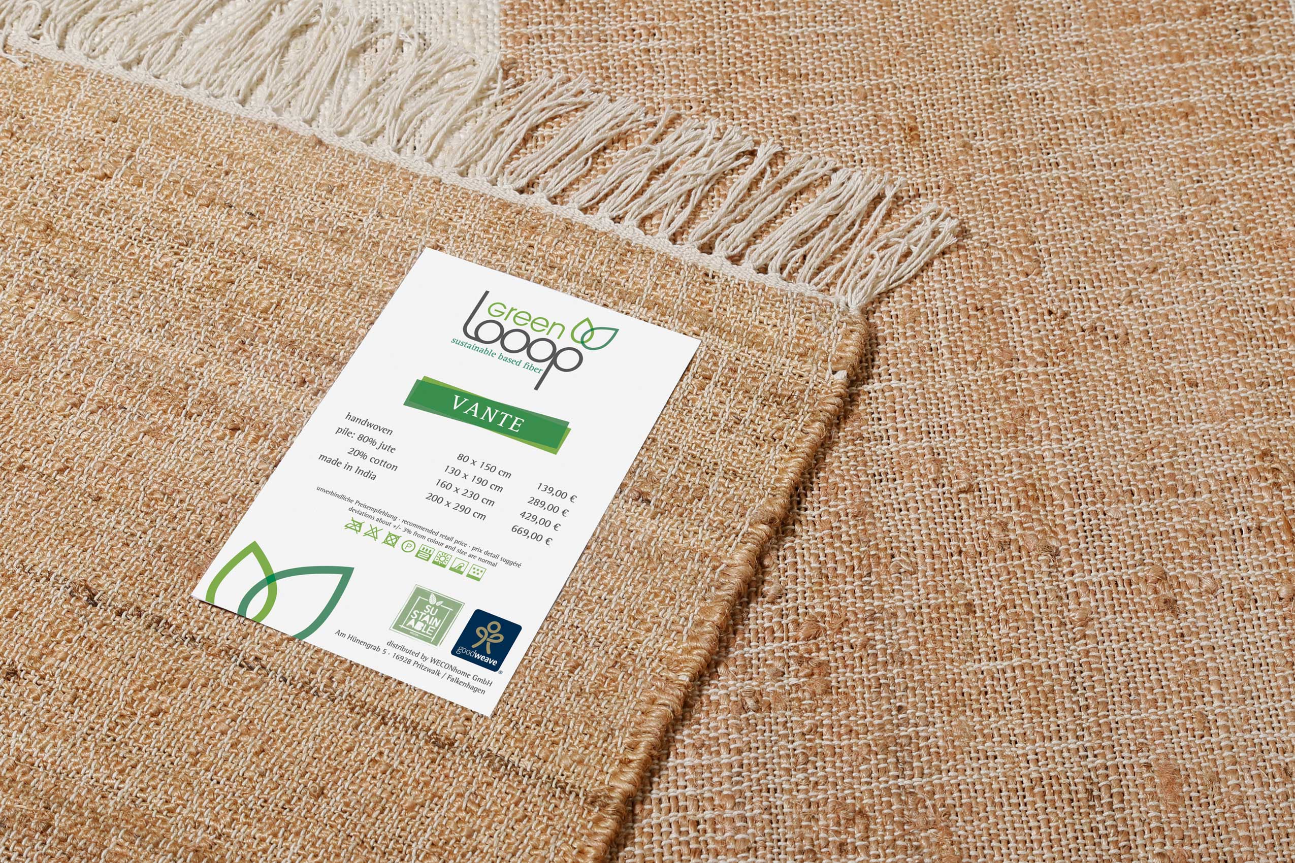 Handwebteppich Creme Beige Cognac aus Naturfaser "Vante" Green Looop