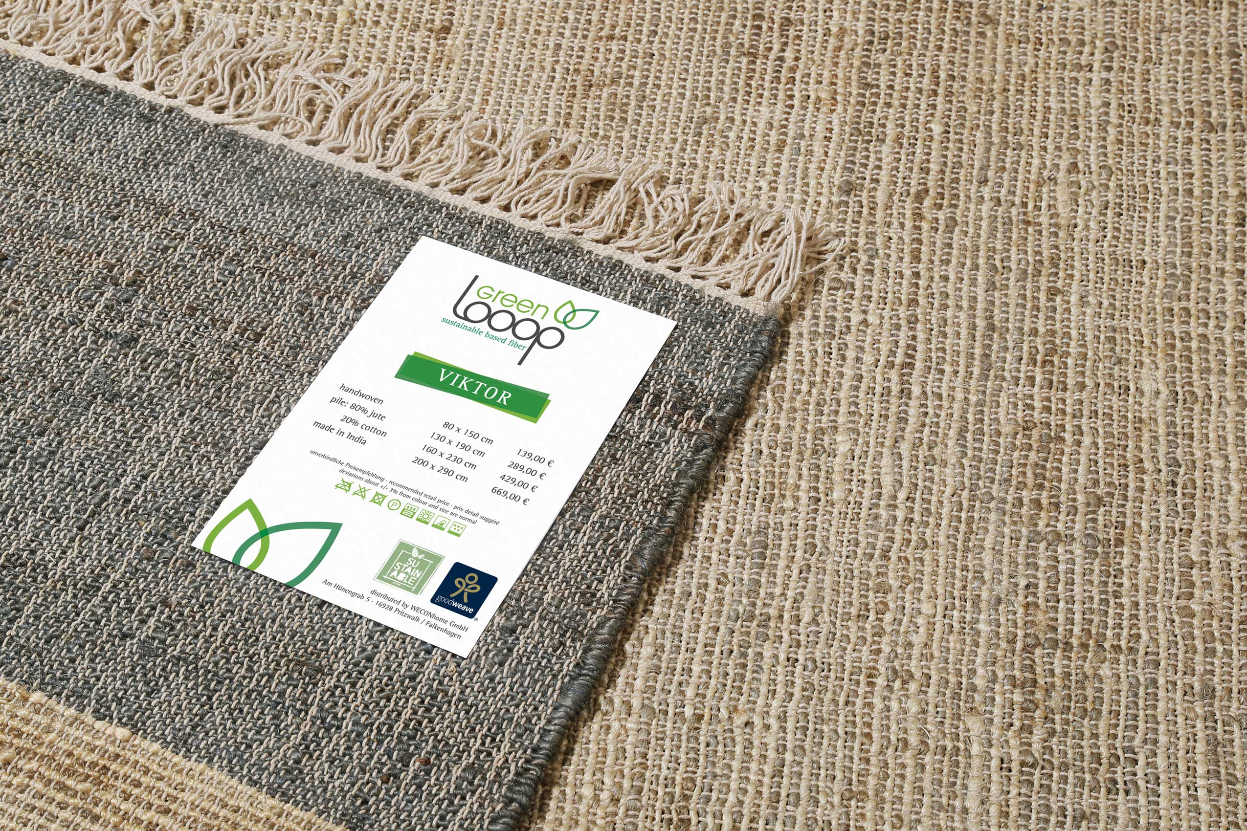Handwebteppich Beige Grau aus Naturfaser "Viktor" Green Looop