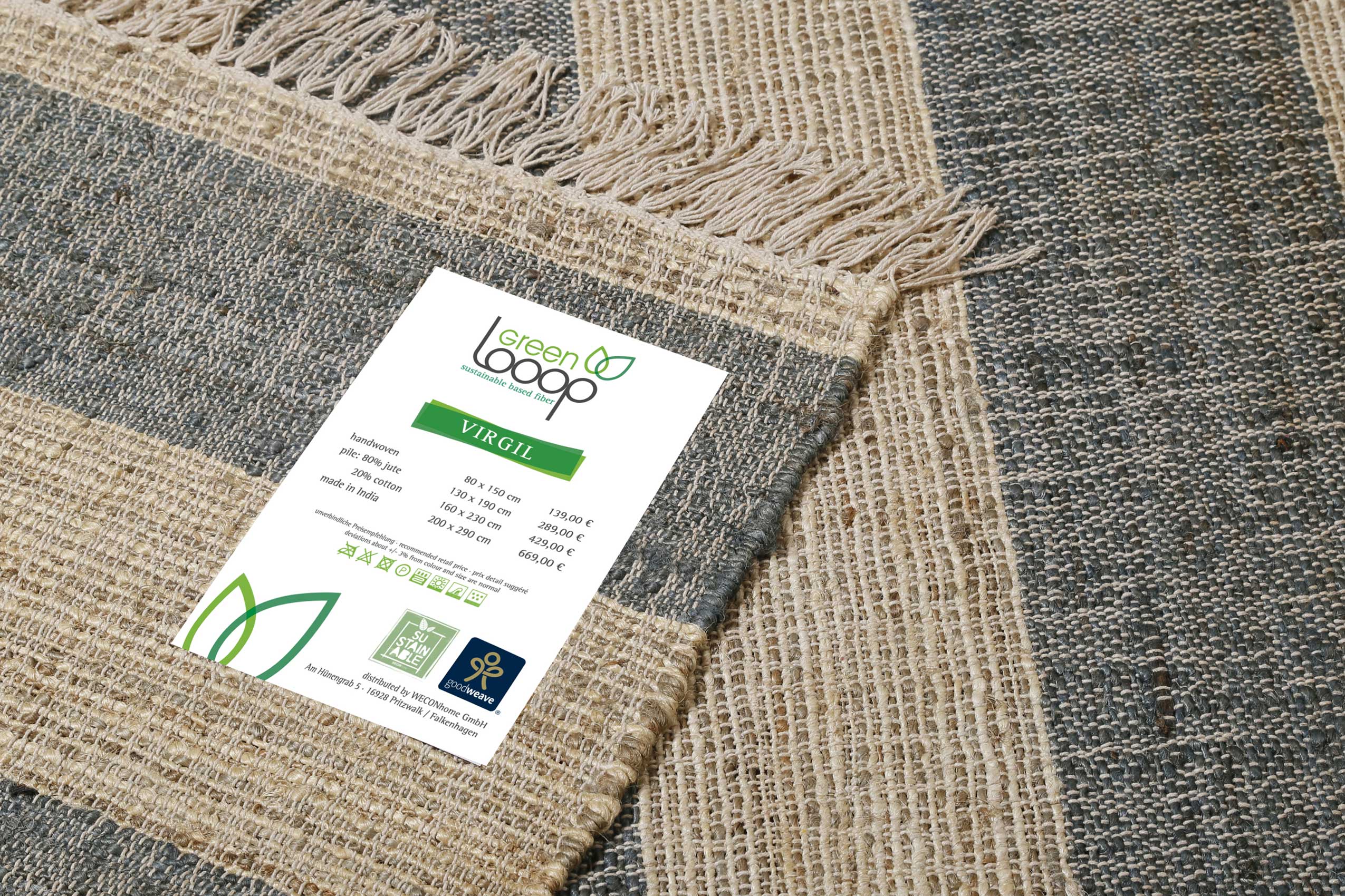 Handwebteppich Beige Grün aus Naturfaser "Virgil" Green Looop