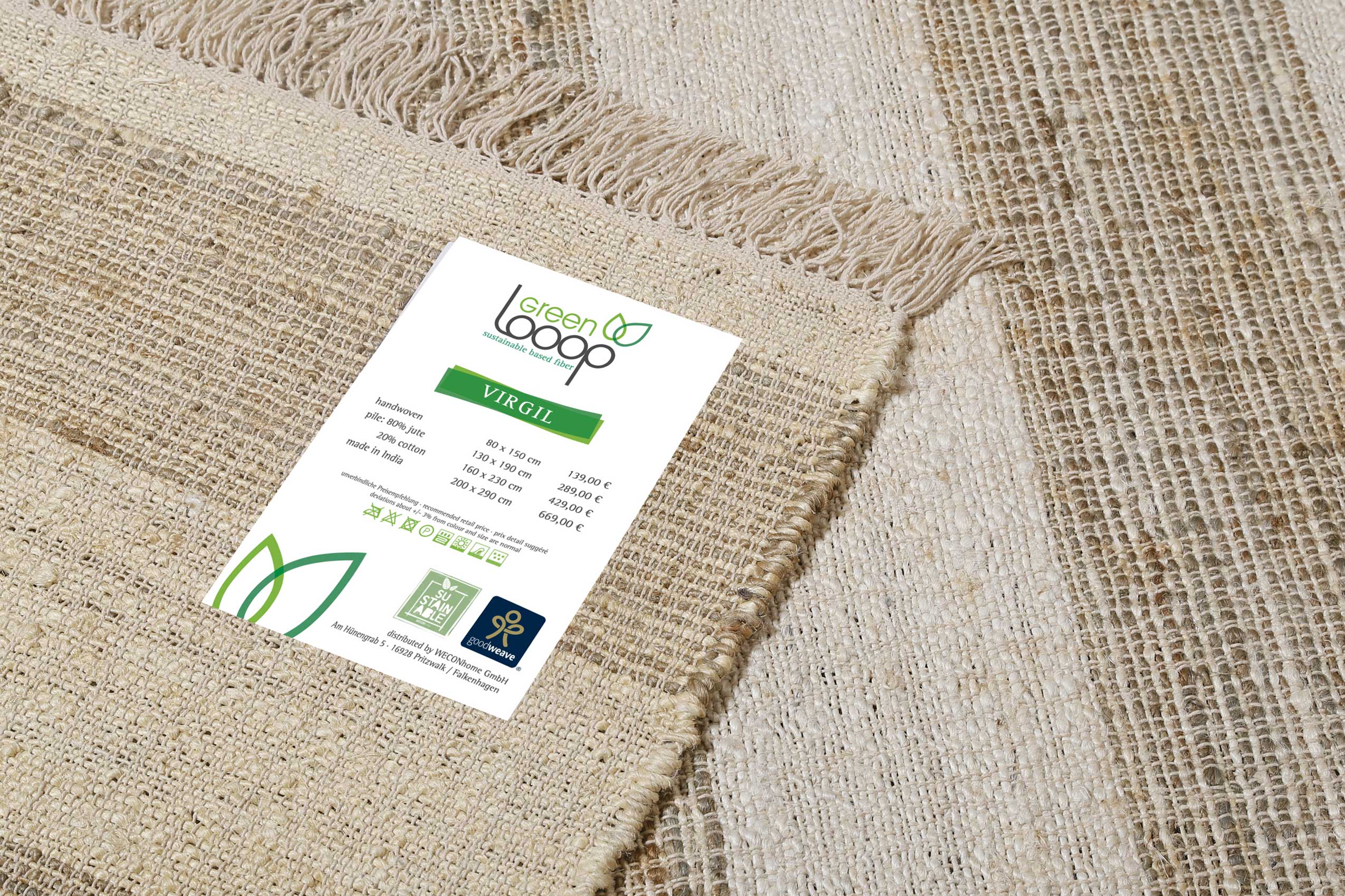 Handwebteppich Beige Sand aus Naturfaser "Virgil" Green Looop