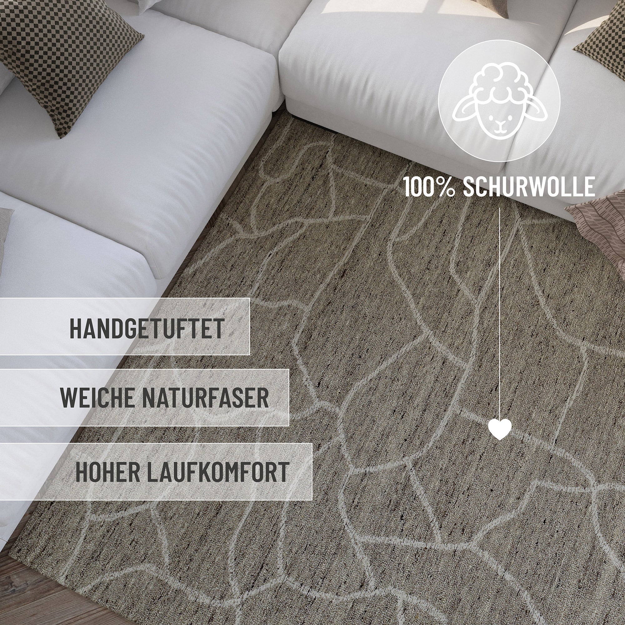 Kurzflor Teppich Rund Taupe meliert aus Schurwolle "Hamptons FORTYONE" WECONhome