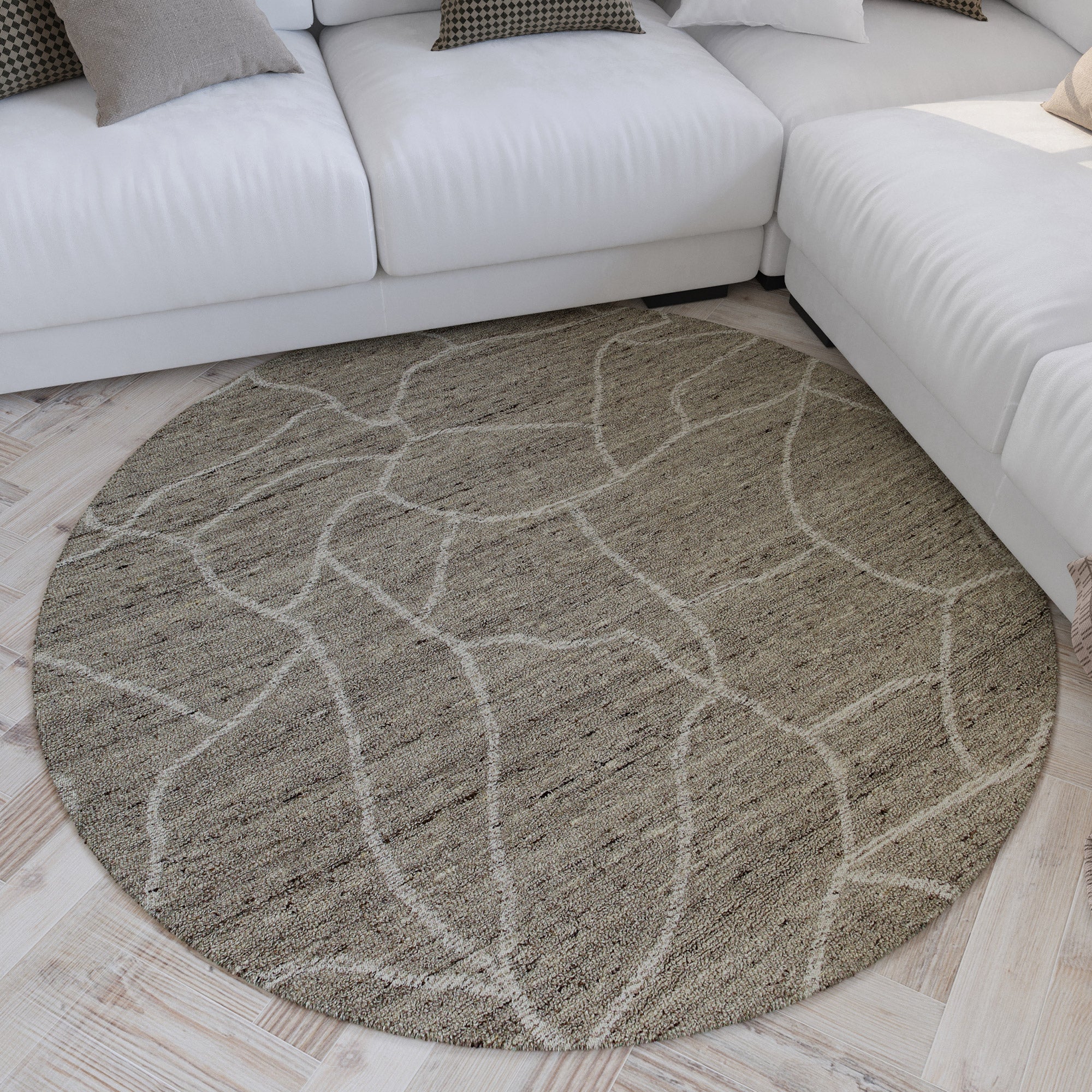 Kurzflor Teppich Rund Taupe meliert aus Schurwolle "Hamptons FORTYONE" WECONhome
