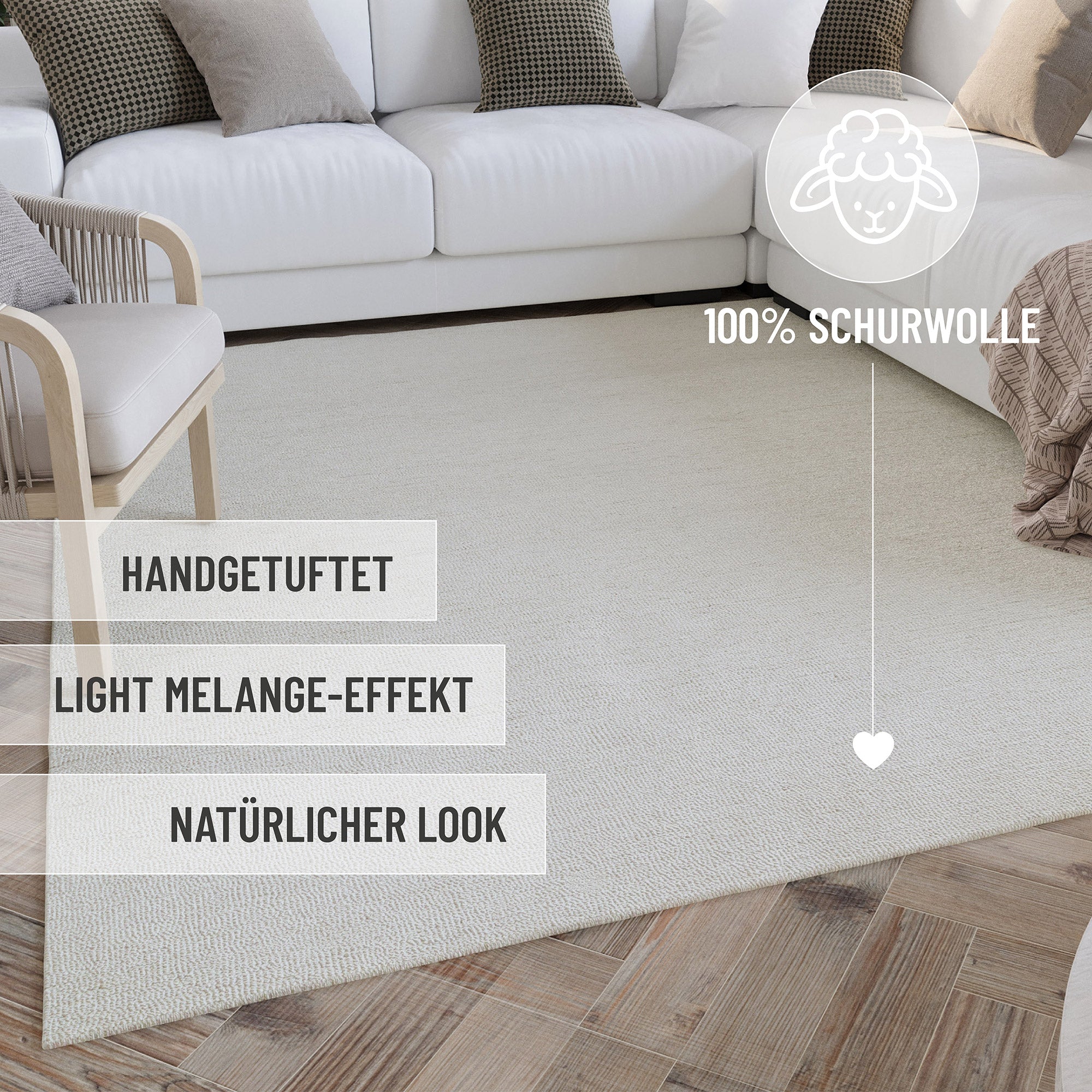 Kurzflor Teppich Elfenbein meliert aus Schurwolle "Hamptons SIXTEEN" WECONhome