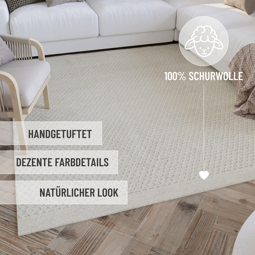 Kurzflor Teppich Rund Creme Weiß aus Schurwolle "Hamptons THIRTYEIGHT" WECONhome