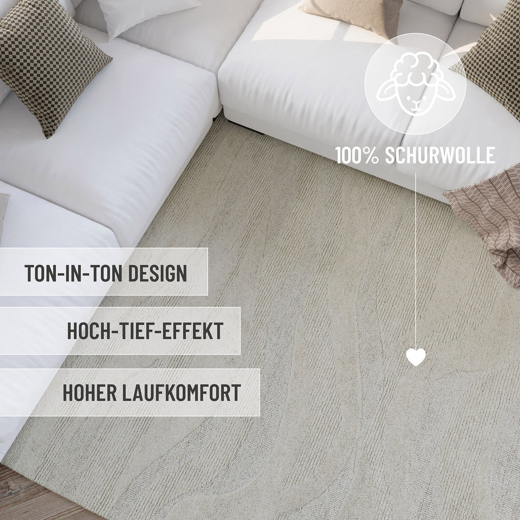 Kurzflor Teppich Creme Weiß meliert aus Schurwolle "Hamptons THIRTYFOUR" WECONhome