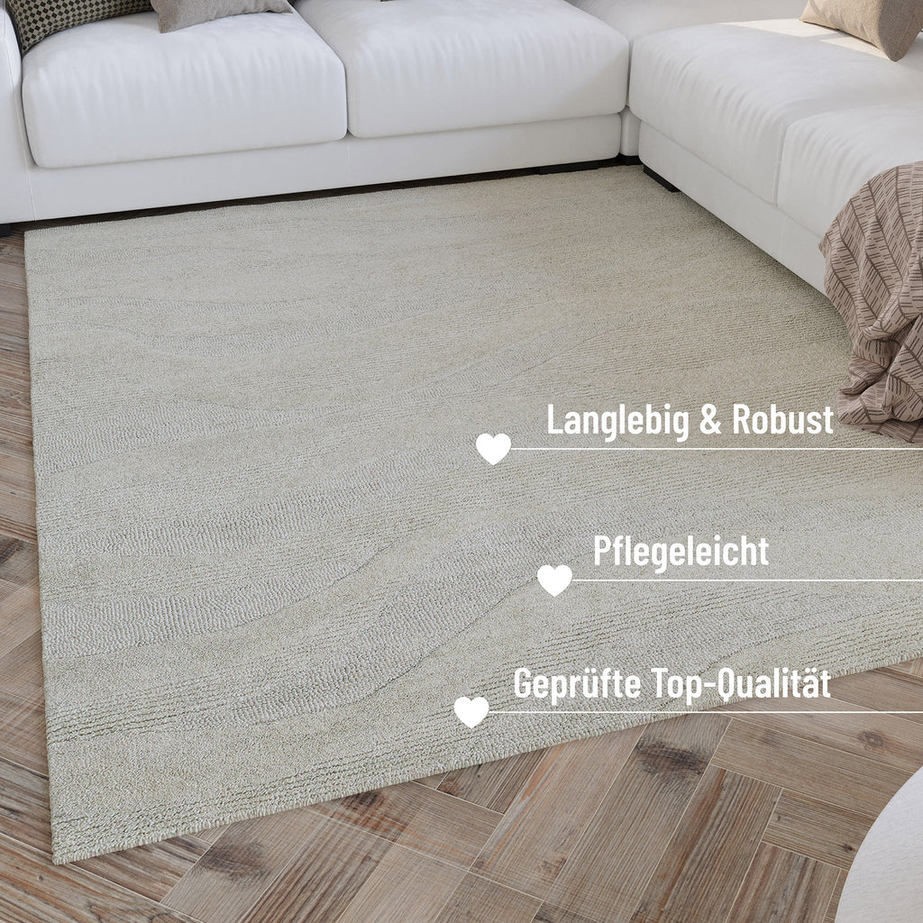Kurzflor Teppich Creme Weiß meliert aus Schurwolle "Hamptons THIRTYFOUR" WECONhome