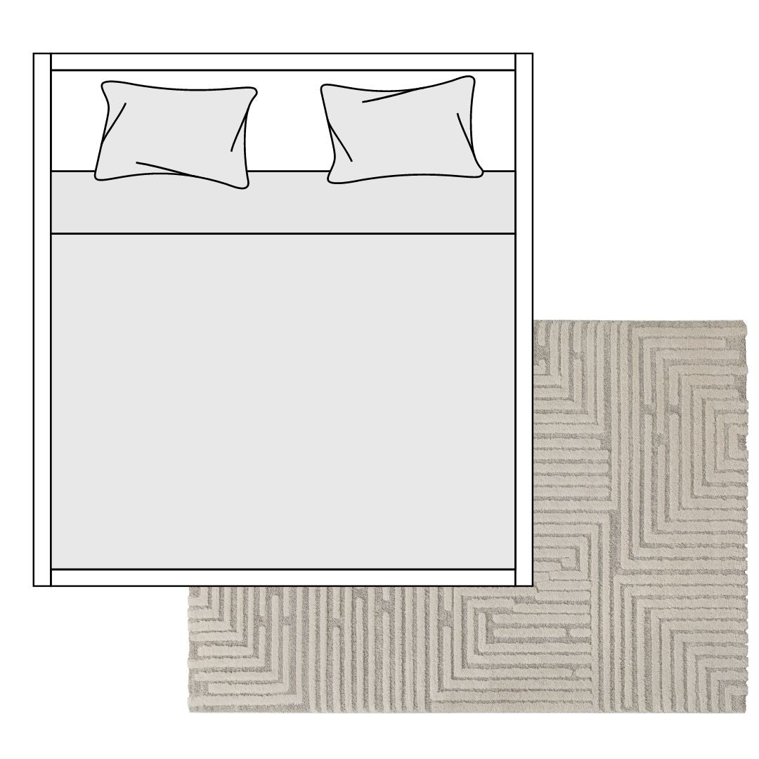 Skizze von einem Doppelbett und einem Teppich halb darunter
