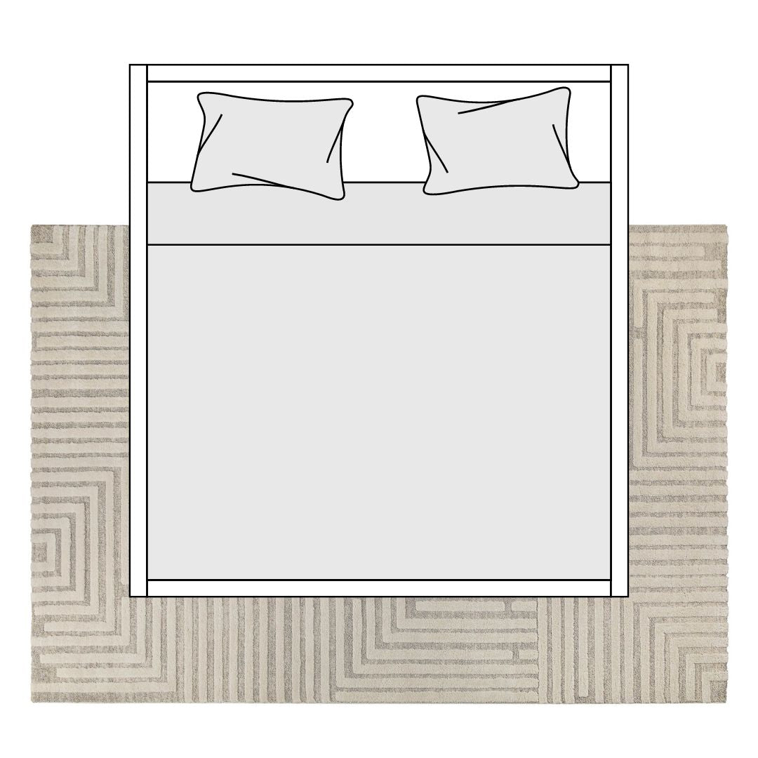 Skizze von einem Doppelbett und einem Teppich darunter