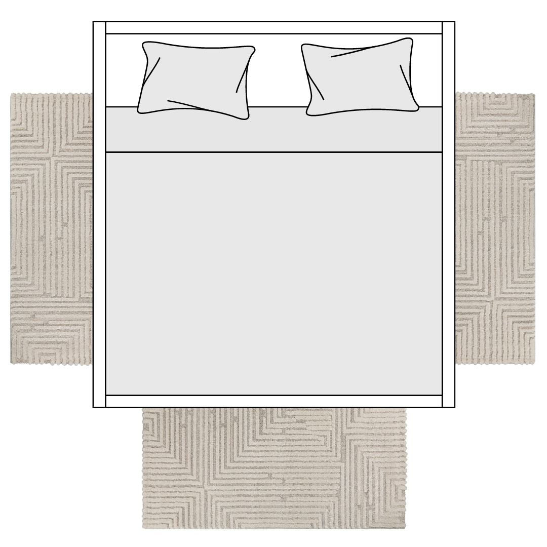 Skizze von einem Doppelbett und 3 kleinen Teppichen davor und daneben