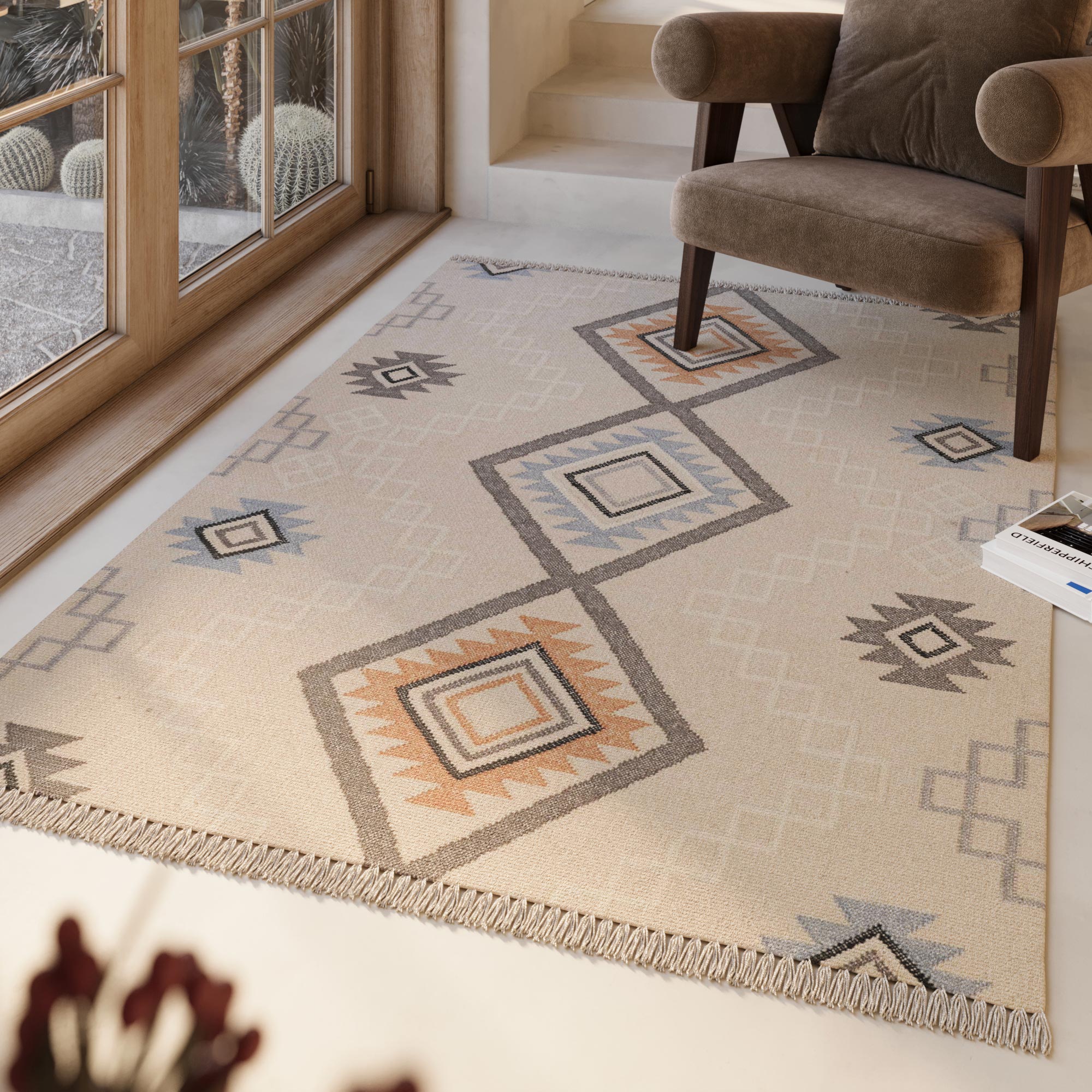 Kelim Teppich Creme Beige aus Wolle "Jong" Green Looop