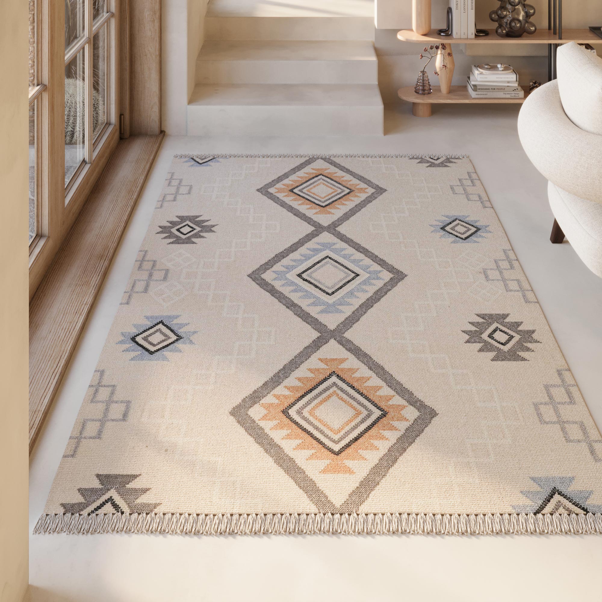 Kelim Teppich Creme Beige aus Wolle "Jong" Green Looop