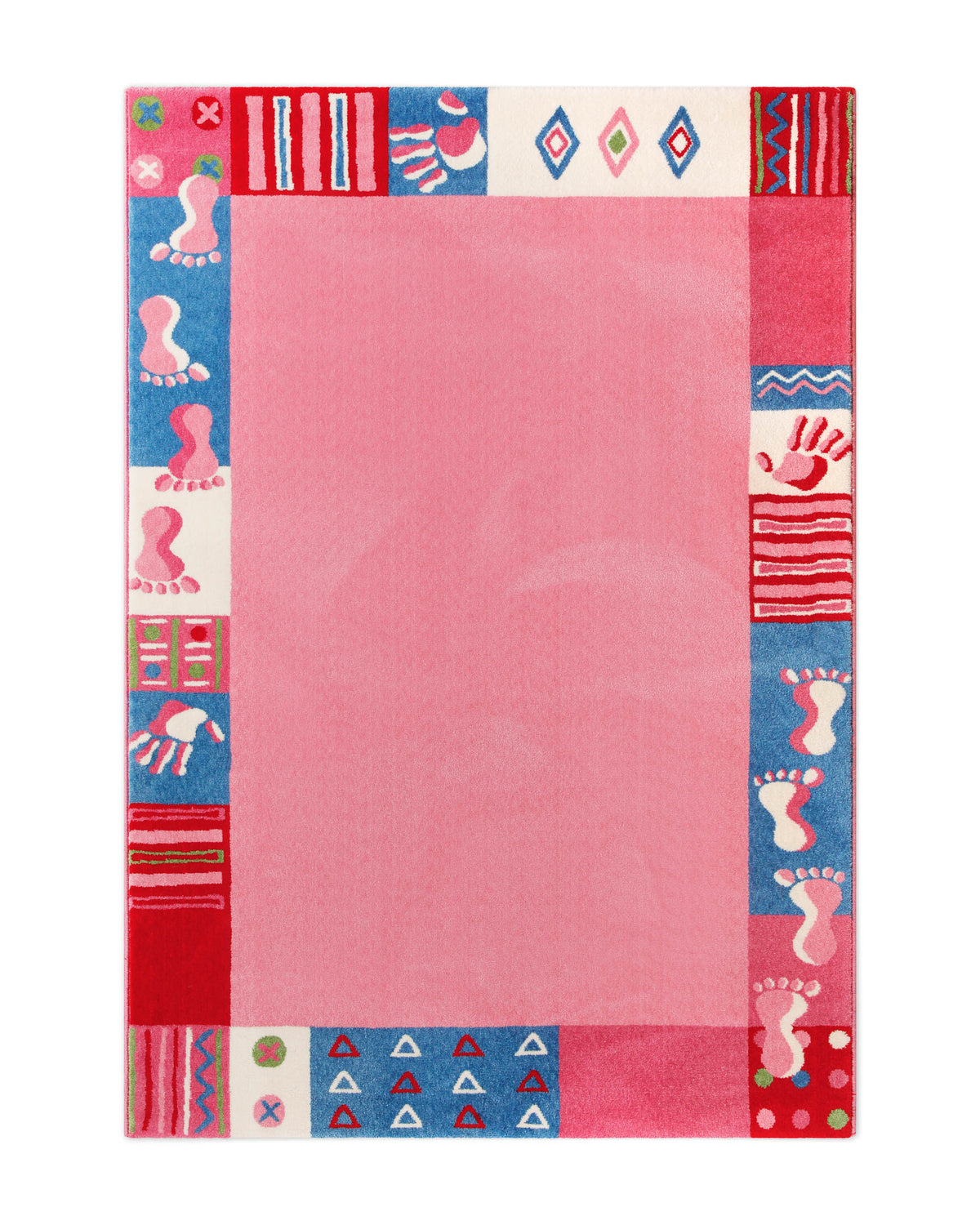 Kinderteppich Hand&Feet komplett von oben, unifarbene pinke Mitte umrahmt von Patchwork-Muster mit Hand- und Fußabdrücken