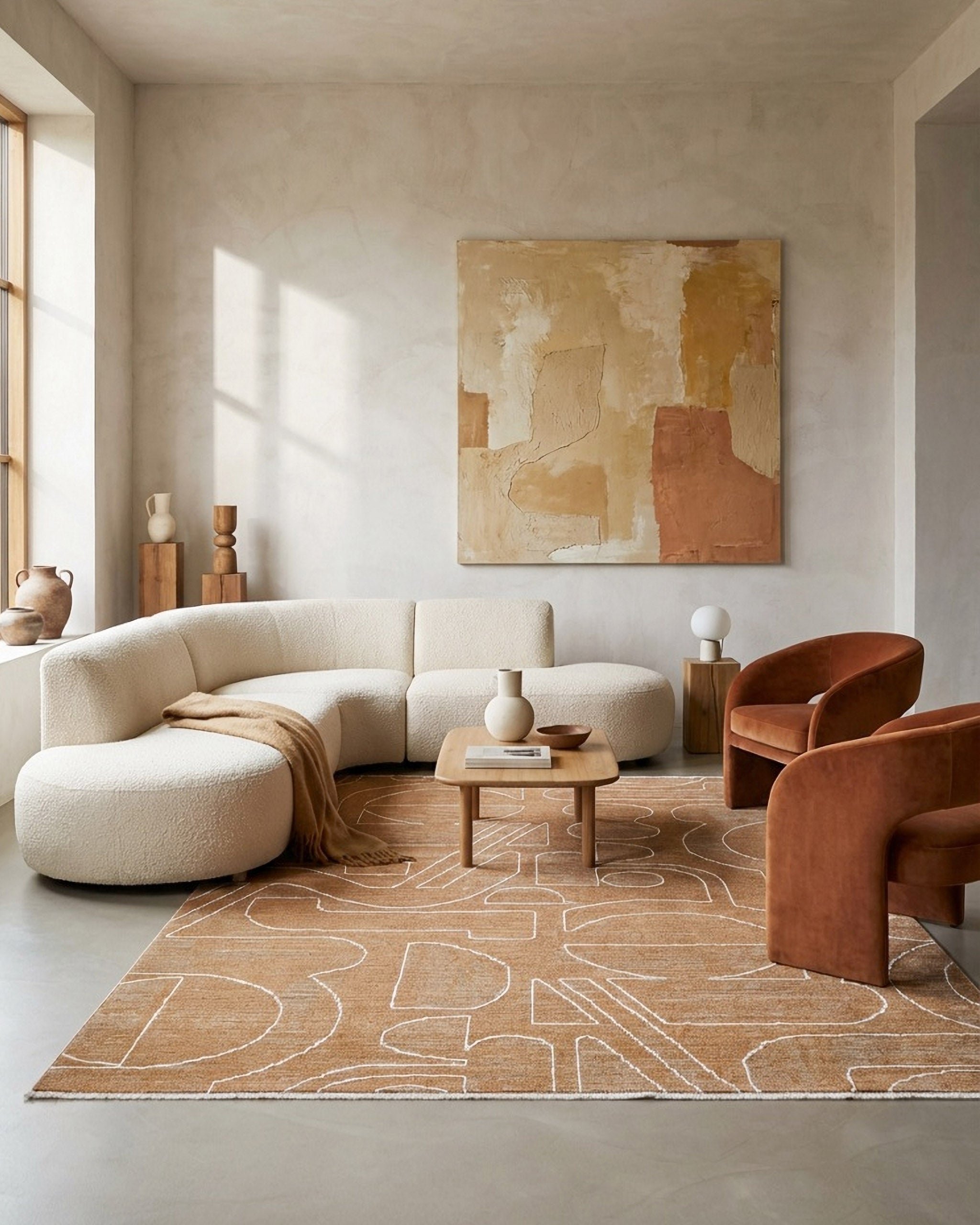 Esprit Kurzflor Teppich Beatle-B in Braun Bunt mit modernem abstraktem Muster im Wohnzimmer vor Sofa und Sesseln