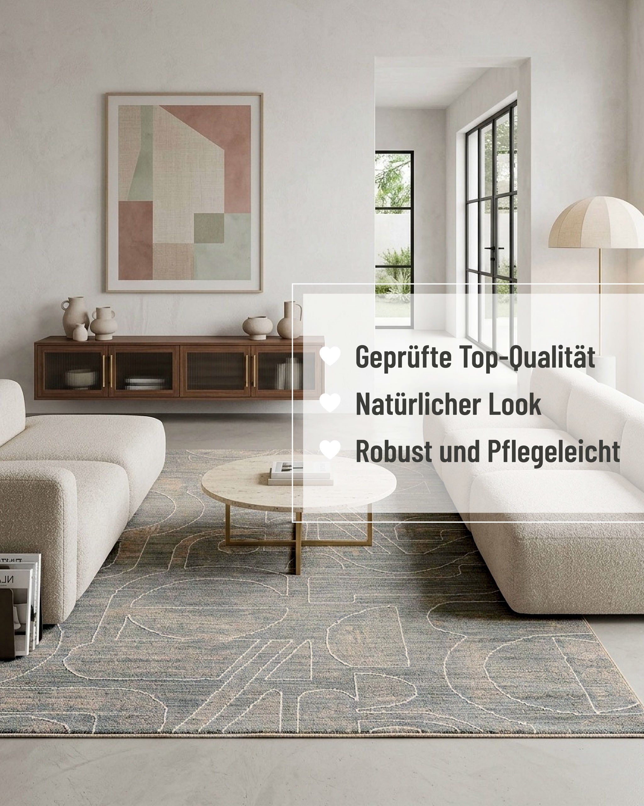 Esprit Kurzflor Teppich Beatle-B in Türkis Grau mit eingeblendeten Komfort und Materialeigenschaften