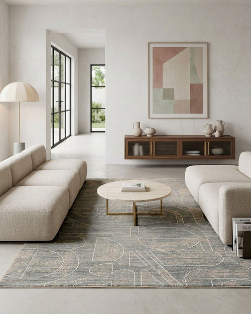 Esprit Kurzflor Teppich Beatle-B in Türkis Grau mit modernem abstraktem Muster im Wohnzimmer vor Sofa und Wohnmöbeln