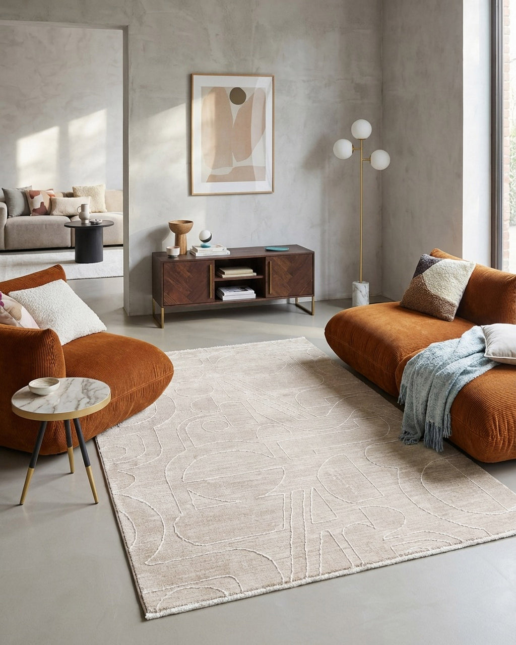 Esprit Kurzflor Teppich Beatle-B in Beige Bunt mit modernem abstraktem Muster im Wohnzimmer vor Sofa und Wohnmöbeln