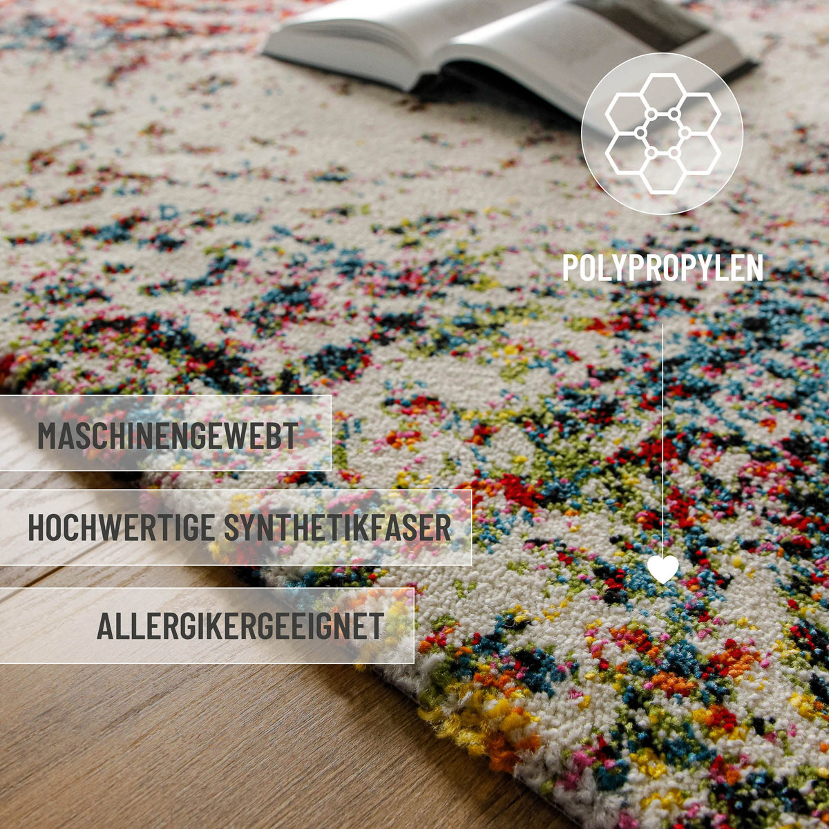Kurzflorteppich Multi "Modernina 2.0" von WECONhome, Materialdetail mit Hinweis auf hochwertige Synthetikfaser und maschinelle Webart