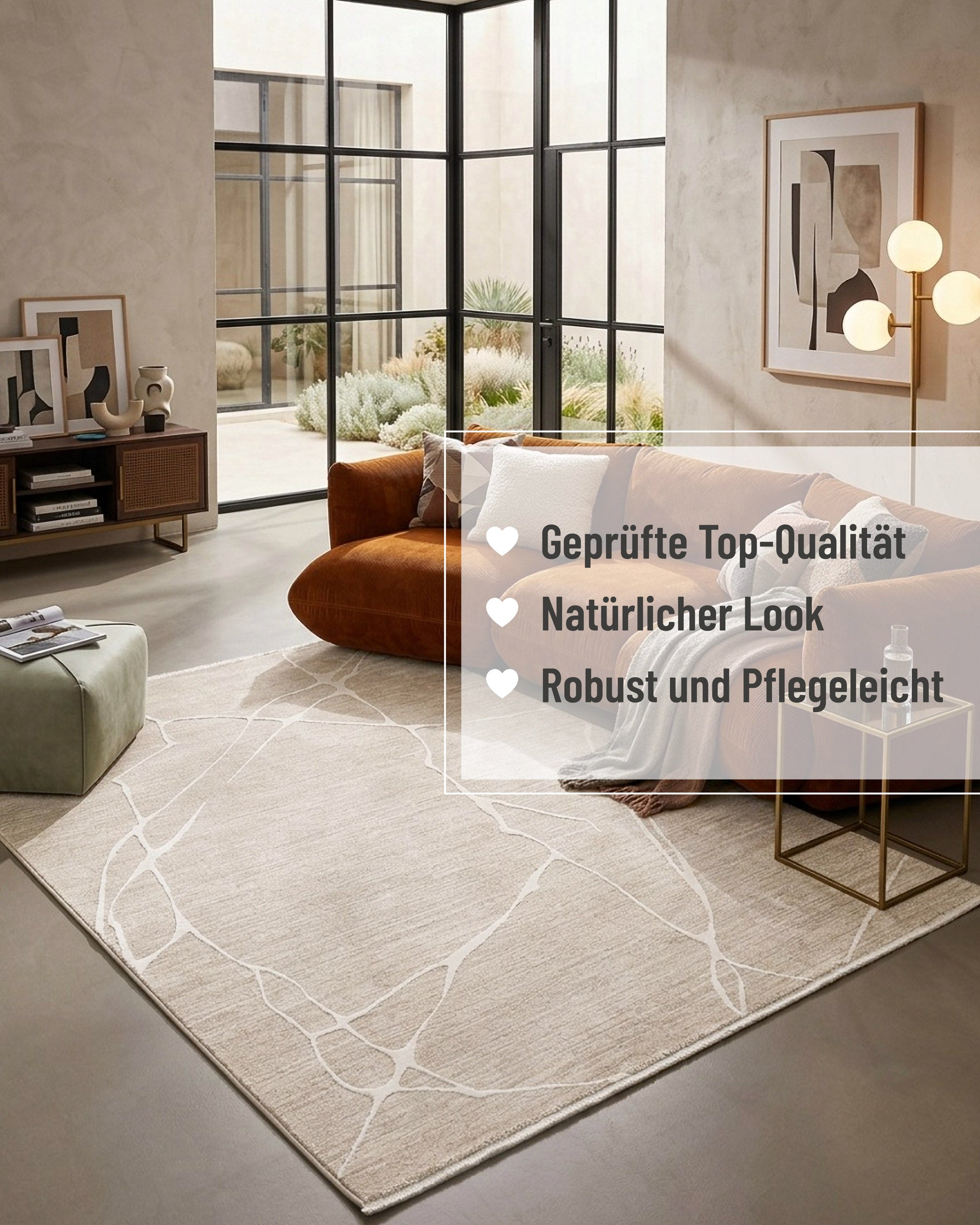 Esprit Kurzflor Teppich Elite in Beige Bunt im Wohnbereich mit eingeblendeten Qualitätsmerkmalen