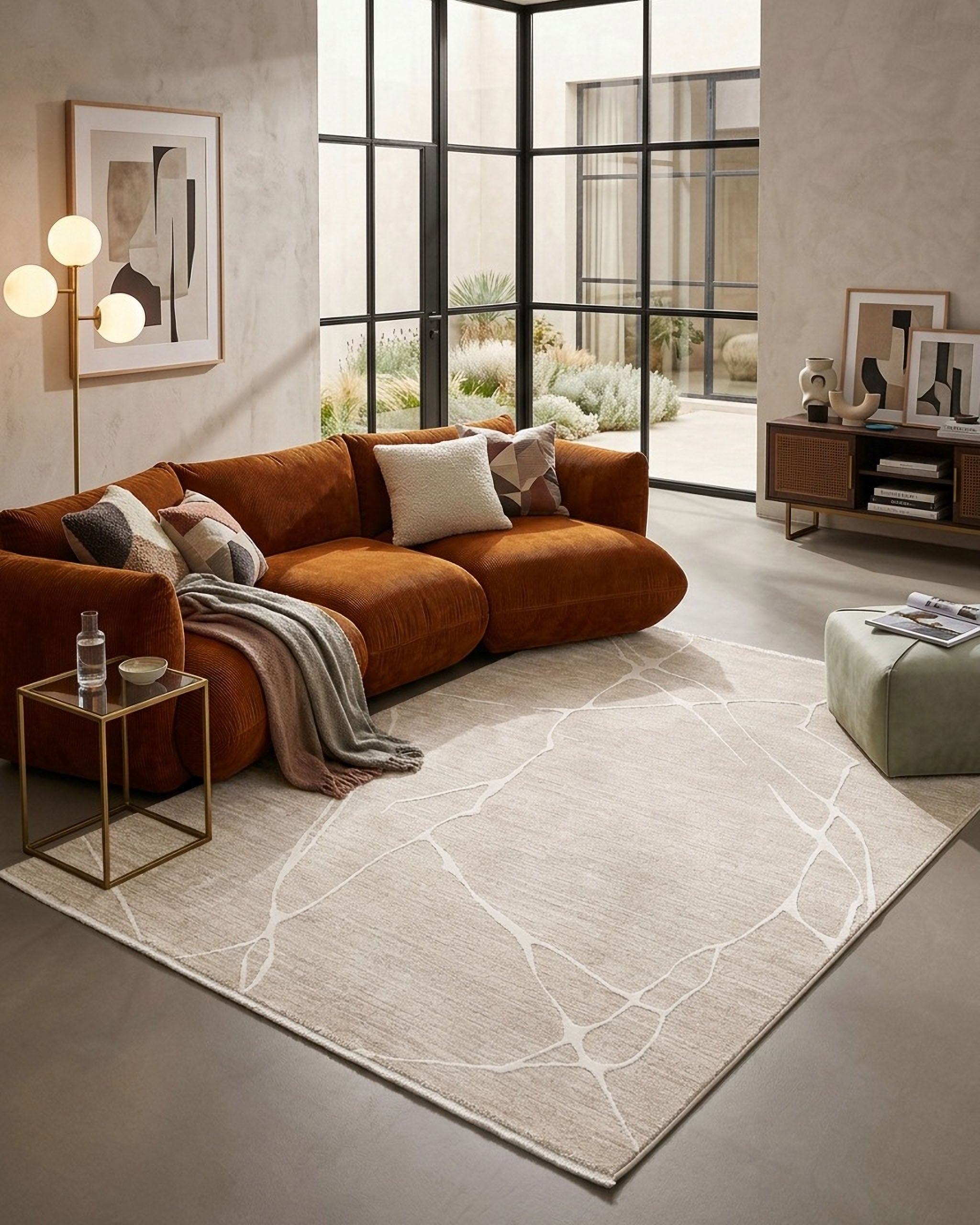 Esprit Kurzflor Teppich Elite in Beige Bunt mit modernem Linienmuster im stilvollen Wohnzimmer
