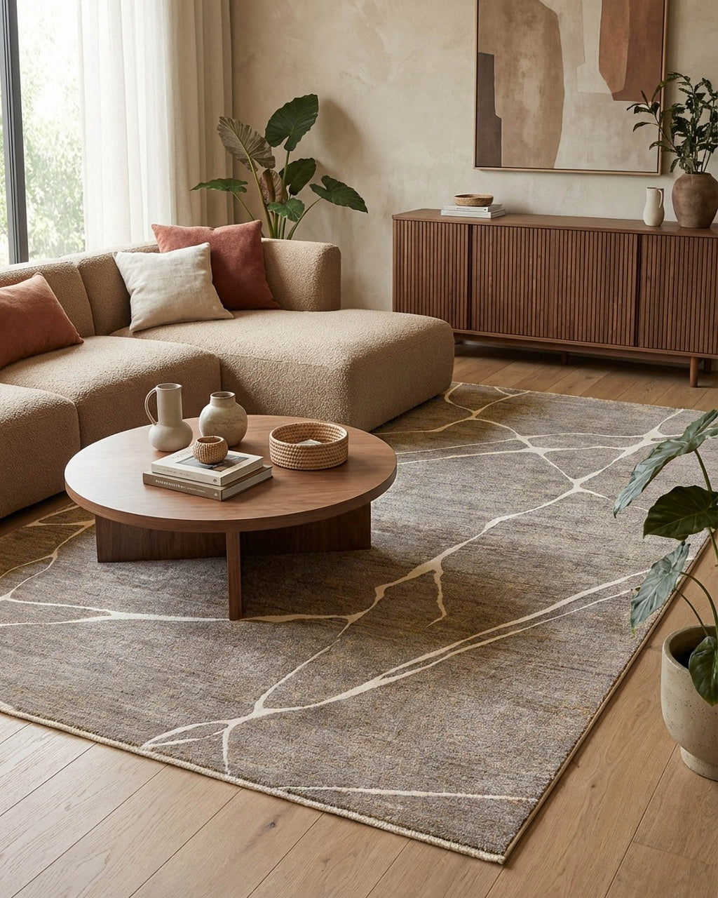Esprit Kurzflor Teppich Elite in Beige Grau mit modernem Linienmuster im Wohnzimmer vor Sofa und Couchtisch