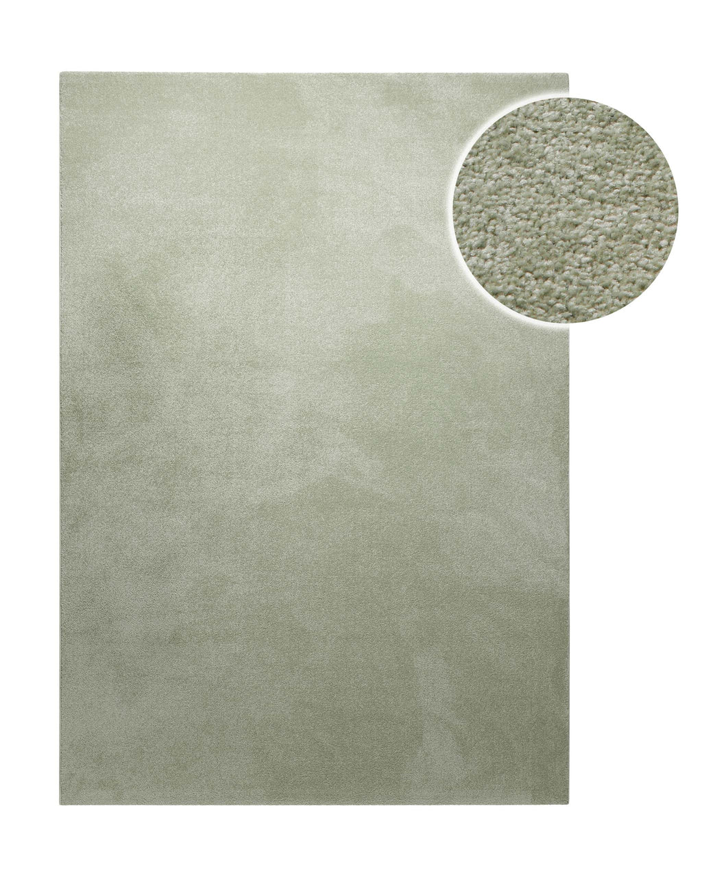 Kurzflor Teppich Freja Licht Grün rechteckig, Draufsicht mit Detailausschnitt der feinen Florstruktur