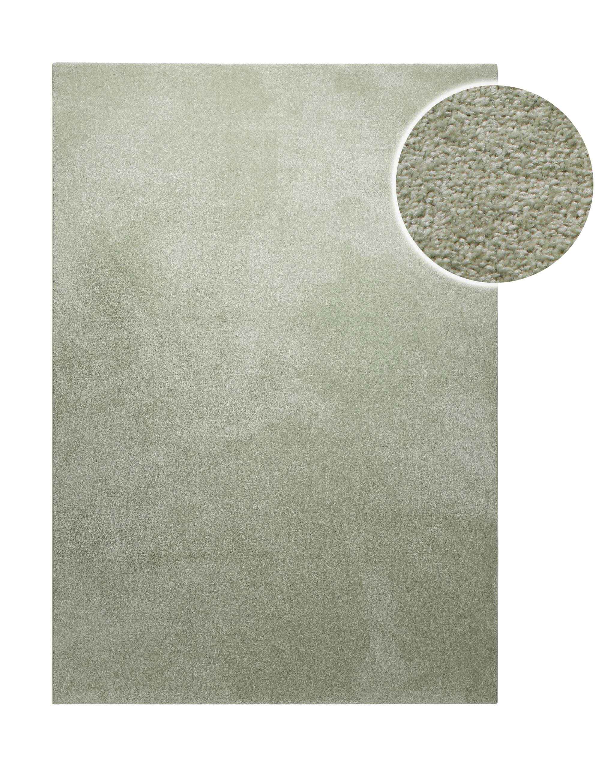 Kurzflor Teppich Freja Licht Grün rechteckig, Draufsicht mit Detailausschnitt der feinen Florstruktur
