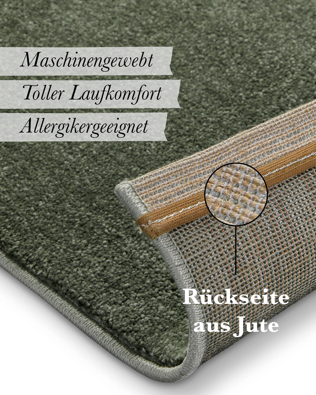 Kurzflor Teppich Freja Laub Grün Detail der Rückseite mit Jute-Träger und Materialaufbau