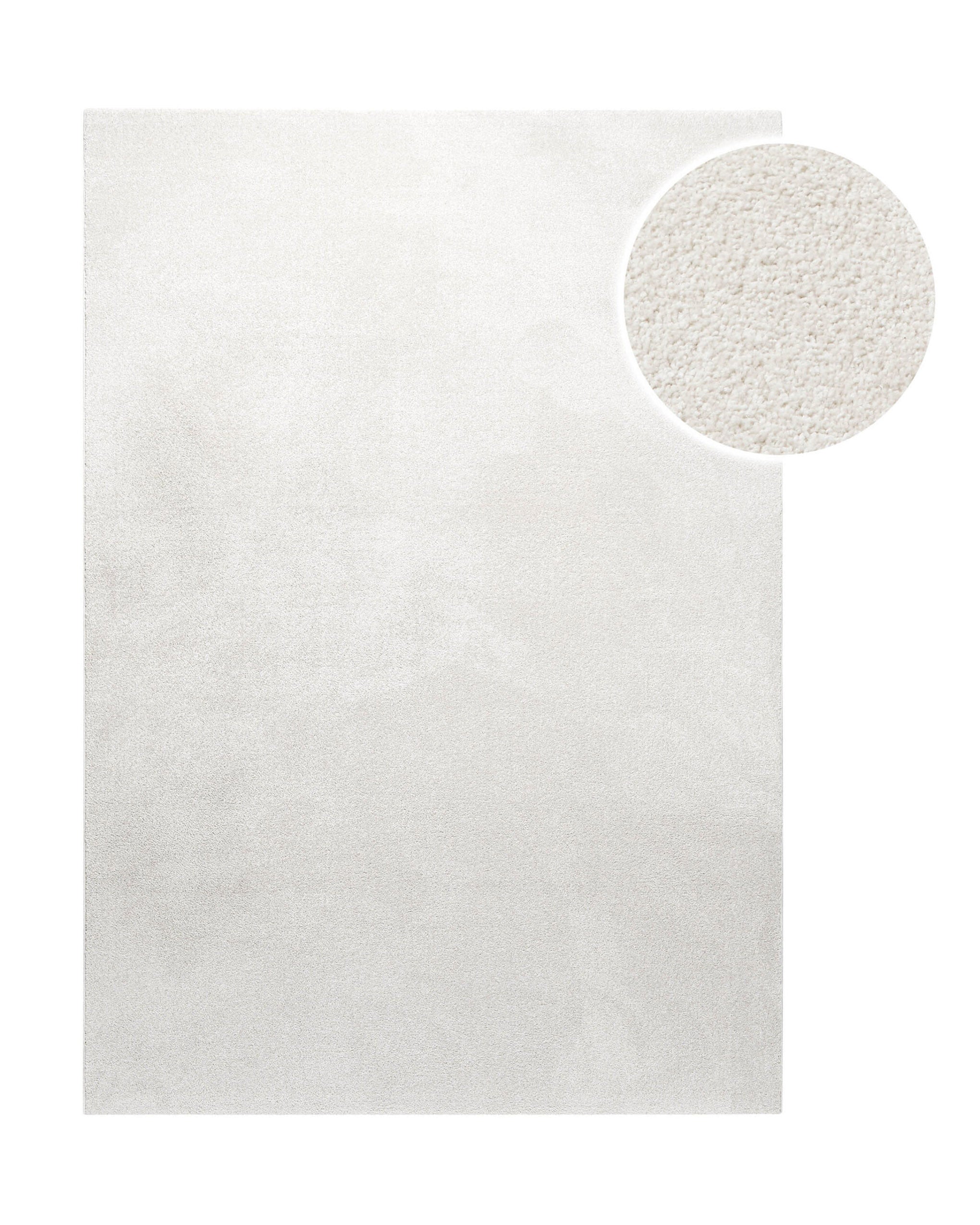 Kurzflor Teppich Freja Creme Weiß, Draufsicht mit Detailausschnitt der feinen, gleichmäßigen Oberfläche