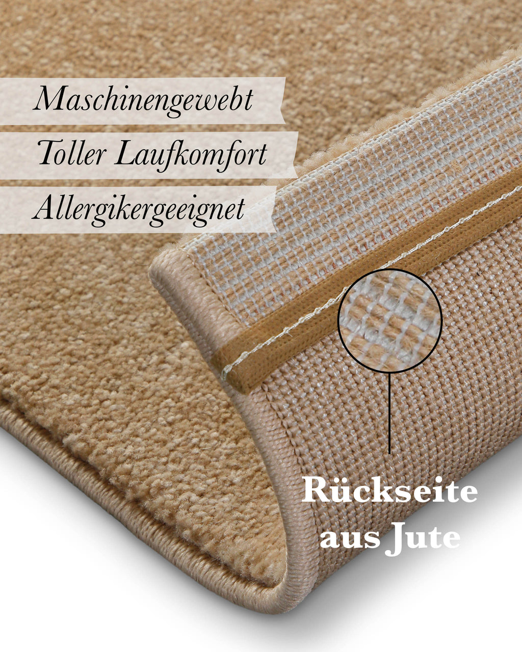 Kurzflor Teppich Freja Sand Beige Detail der Rückseite mit sichtbarer Jute-Beschichtung