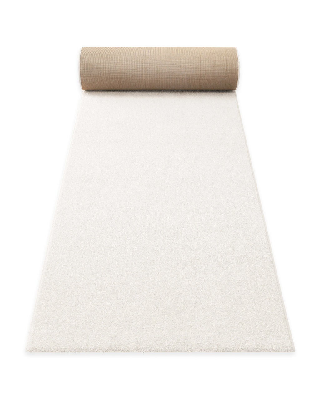 Kurzflor Teppich Läufer Vegas Creme aufgerollt, Seitenansicht zeigt Florhöhe und textile Rückseite
