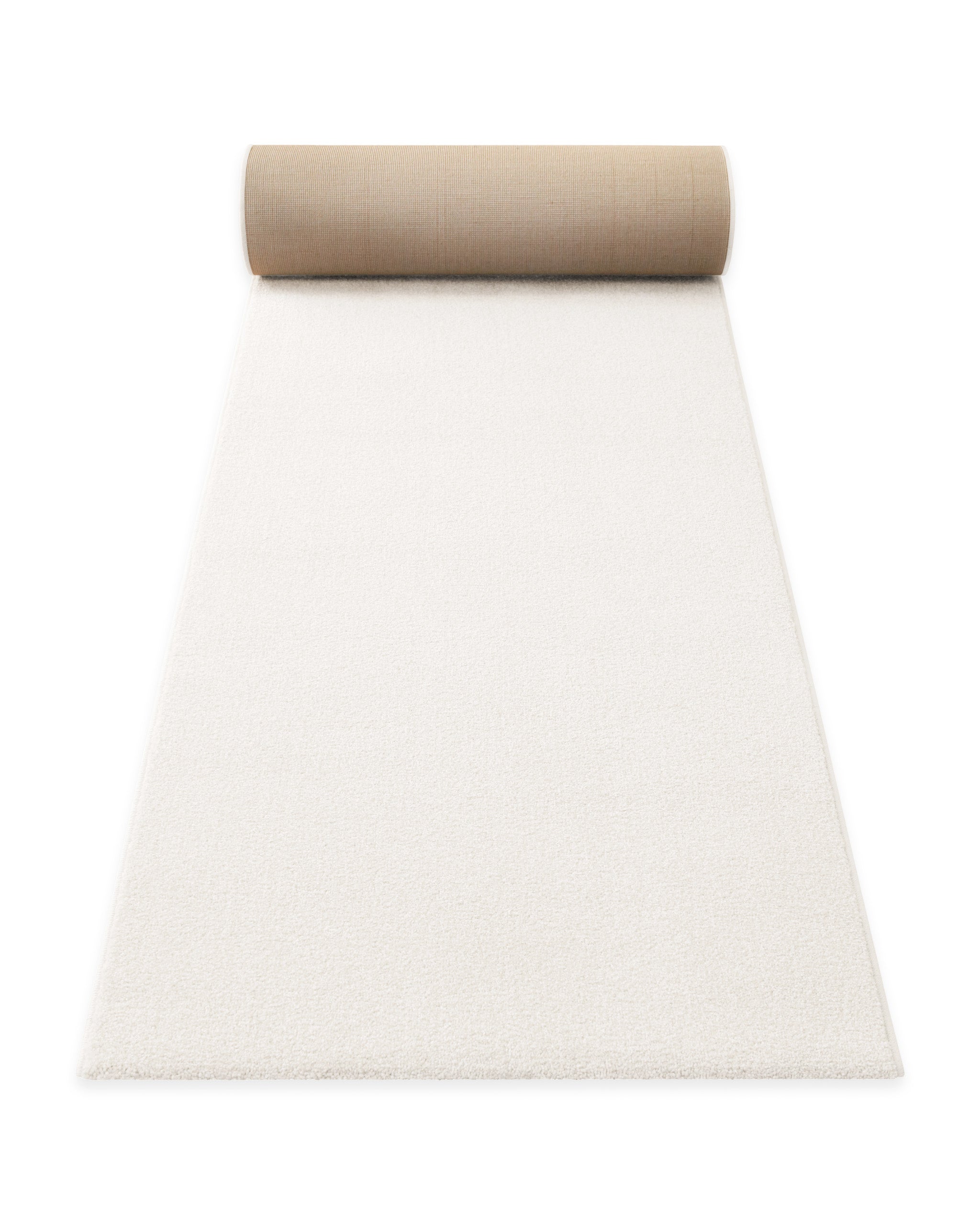 Kurzflor Teppich Läufer Vegas Creme aufgerollt, Seitenansicht zeigt Florhöhe und textile Rückseite