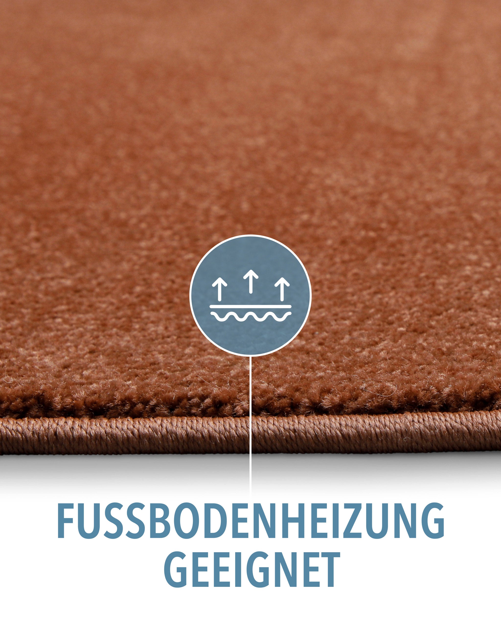 Kurzflor Teppich Montepulciano Ziegel Rot Detail mit Symbol für Fußbodenheizung geeignet