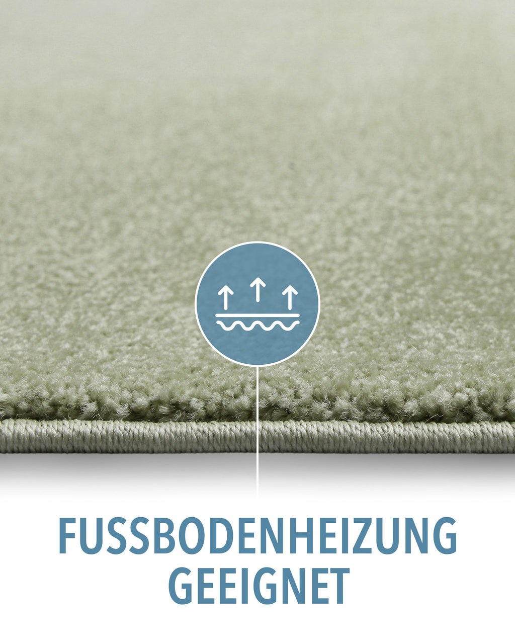 Kurzflor Teppich Montepulciano Lindgrün Detail mit Symbol für Fußbodenheizung geeignet