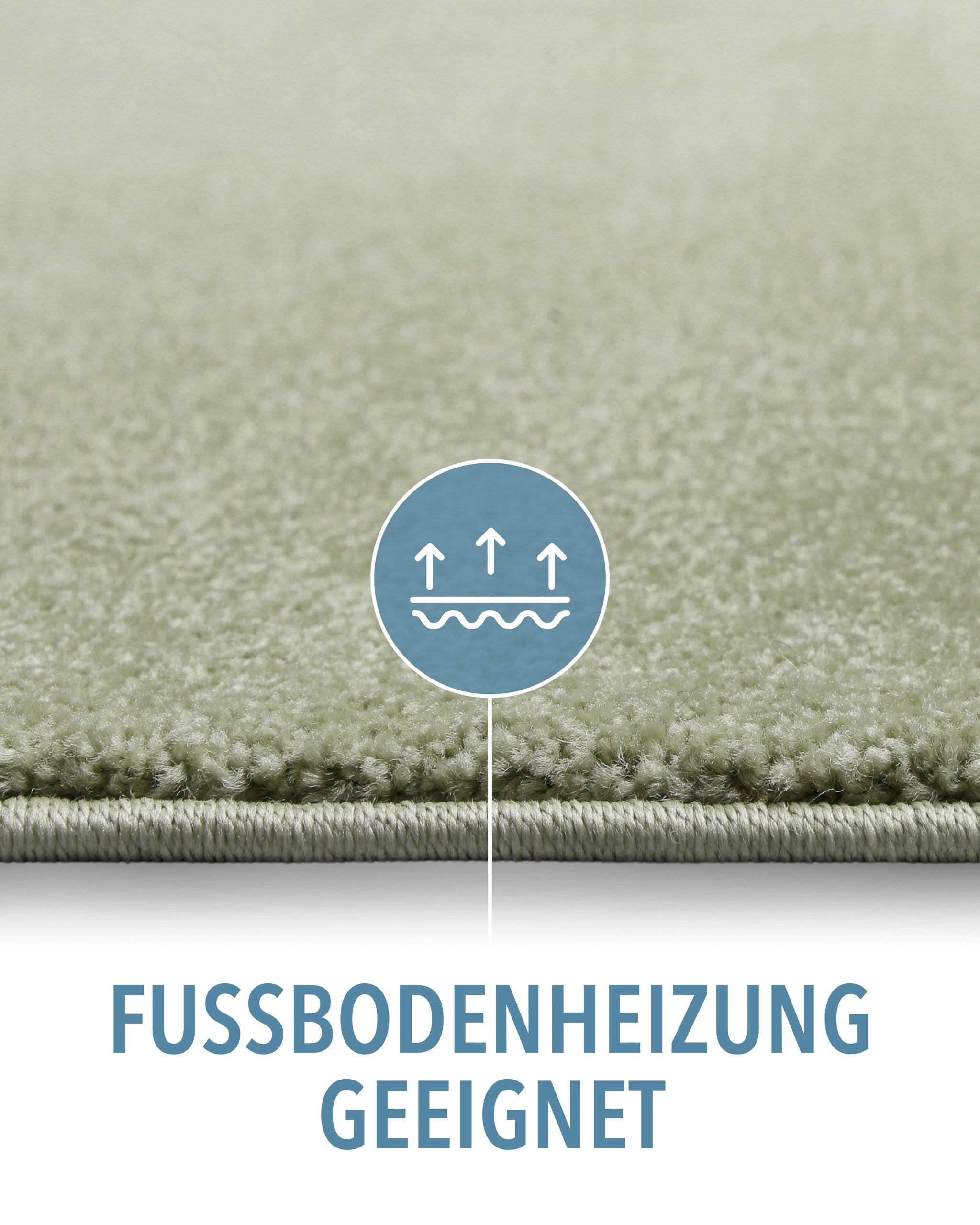 Kurzflor Teppich Montepulciano Lindgrün Detail mit Symbol für Fußbodenheizung geeignet