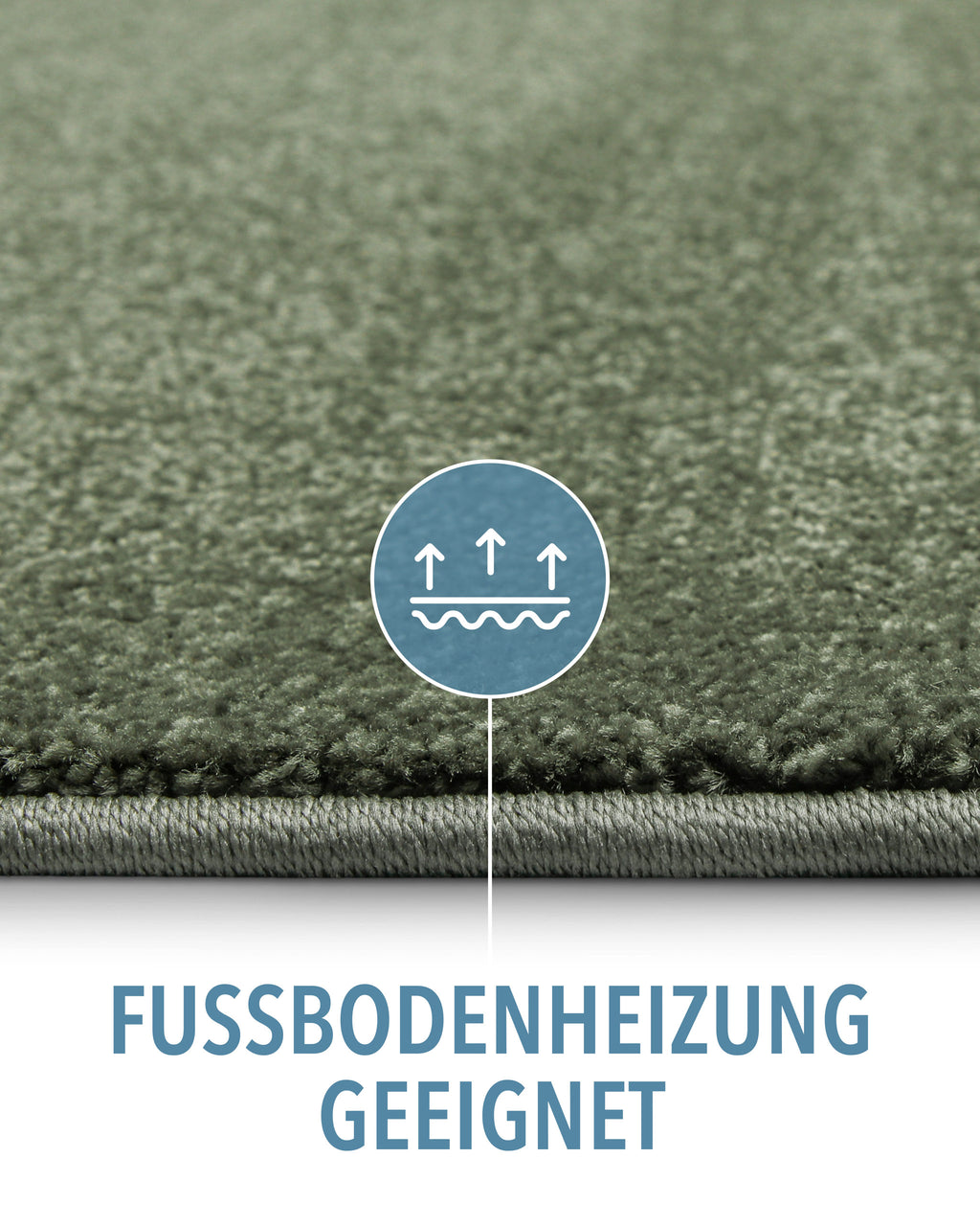 Kurzflor Teppich Montepulciano Laub Grün Detail mit Symbol für Fußbodenheizung geeignet