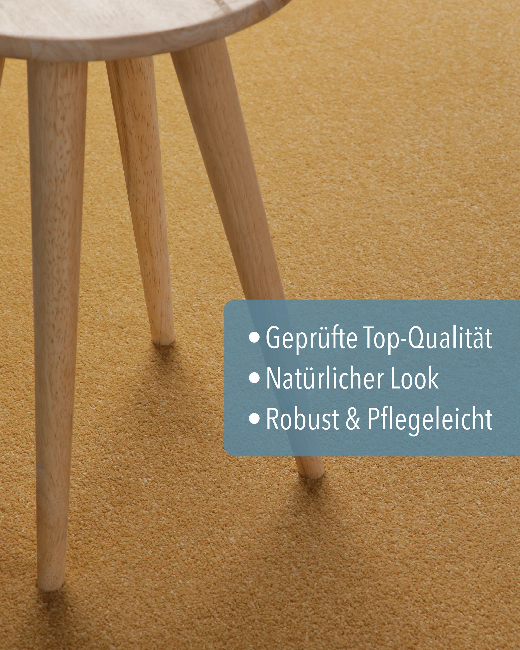 Kurzflor Teppich Montepulciano Ocker Gelb mit Eigenschaften wie geprüft, natürlicher Look und pflegeleicht
