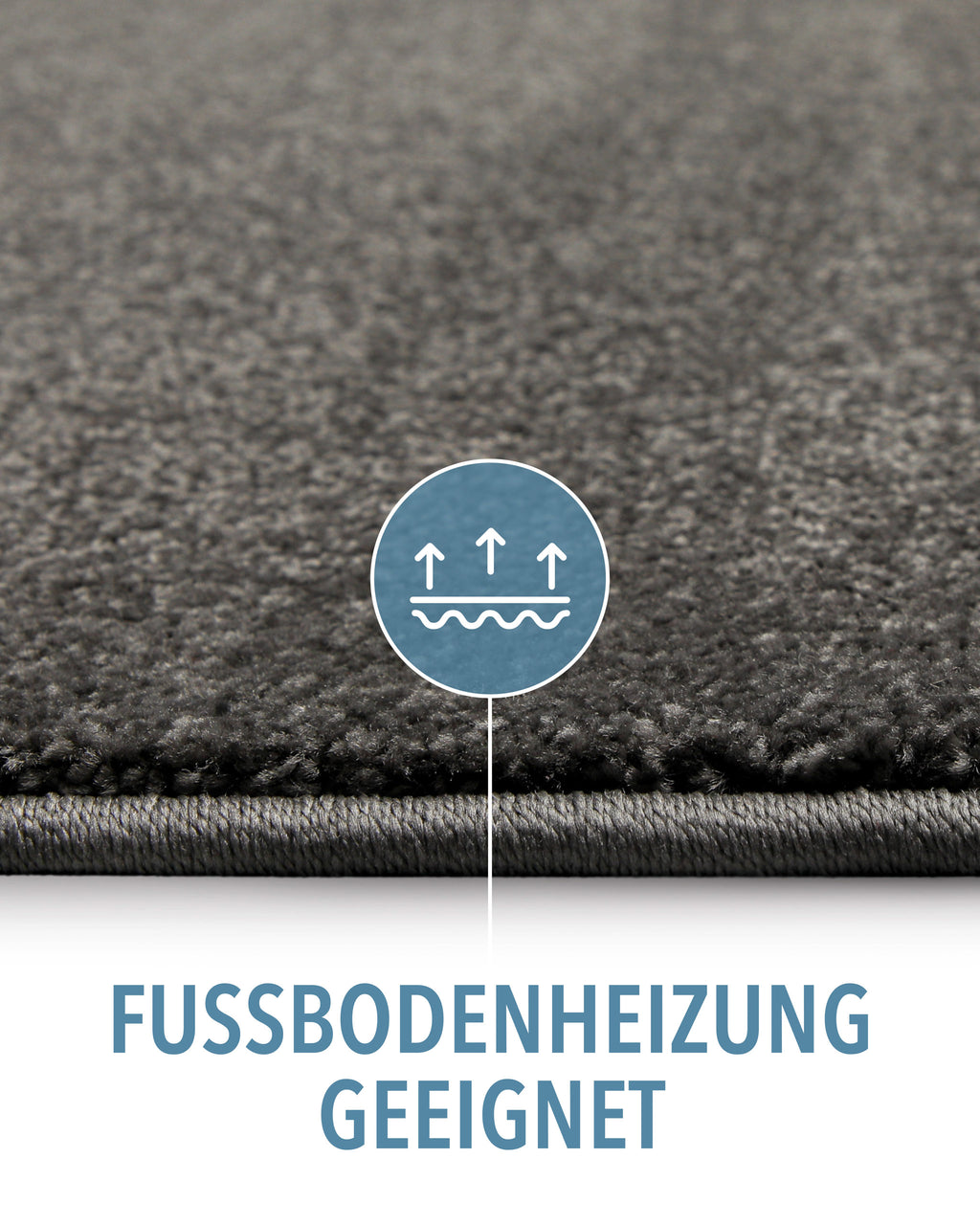 Kurzflor Teppich Montepulciano Anthrazit Grau Detail mit Symbol für Fußbodenheizung geeignet