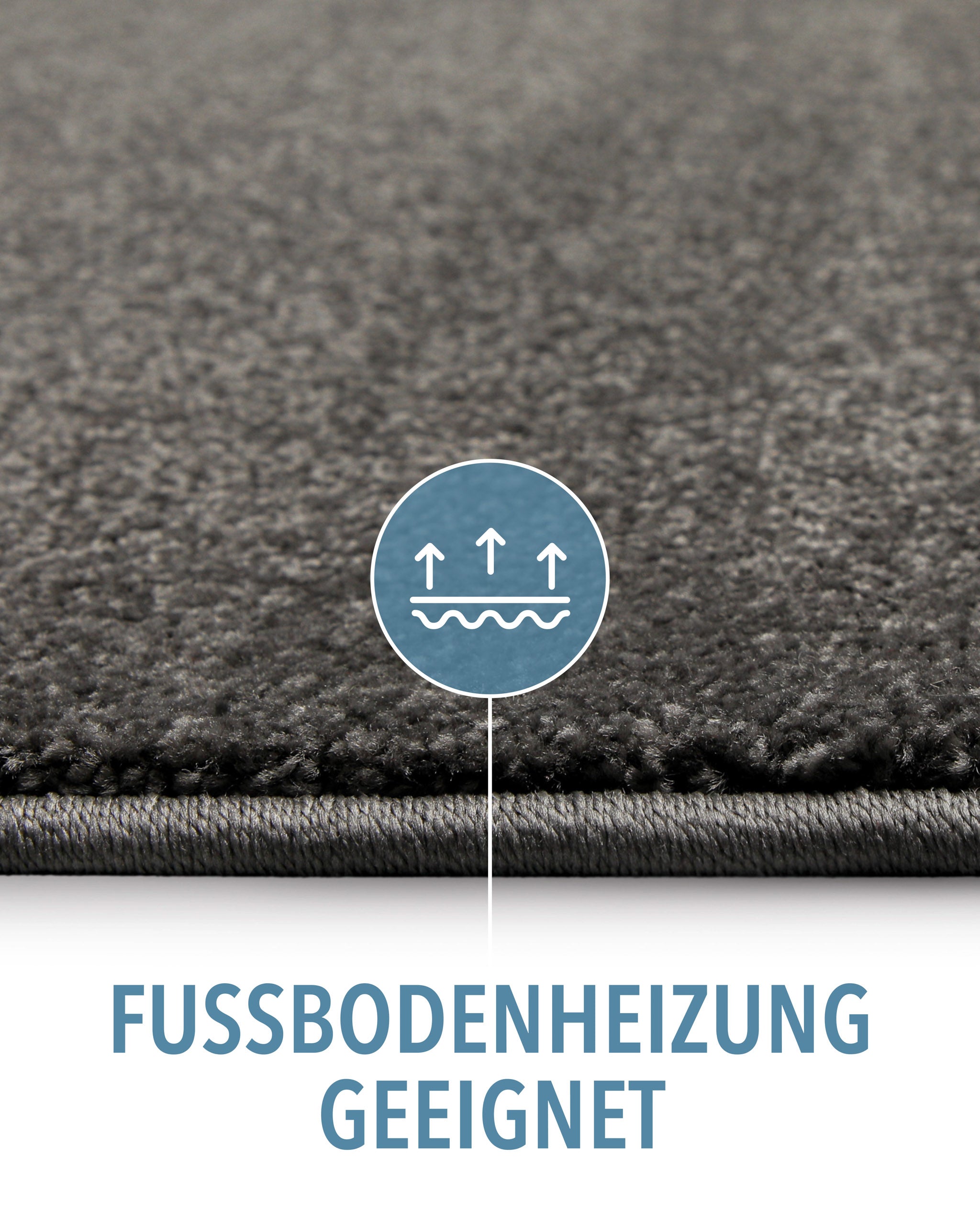 Kurzflor Teppich Montepulciano Anthrazit Grau Detail mit Symbol für Fußbodenheizung geeignet
