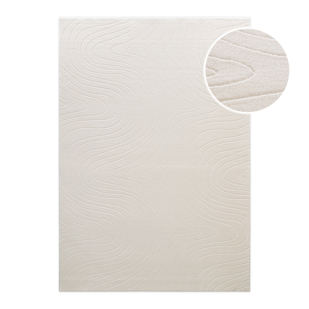 Kurzflor-Teppich Nuuk Flow in Creme-Weiß mit modernem Wellenmuster in Frontansicht mit Detailausschnitt